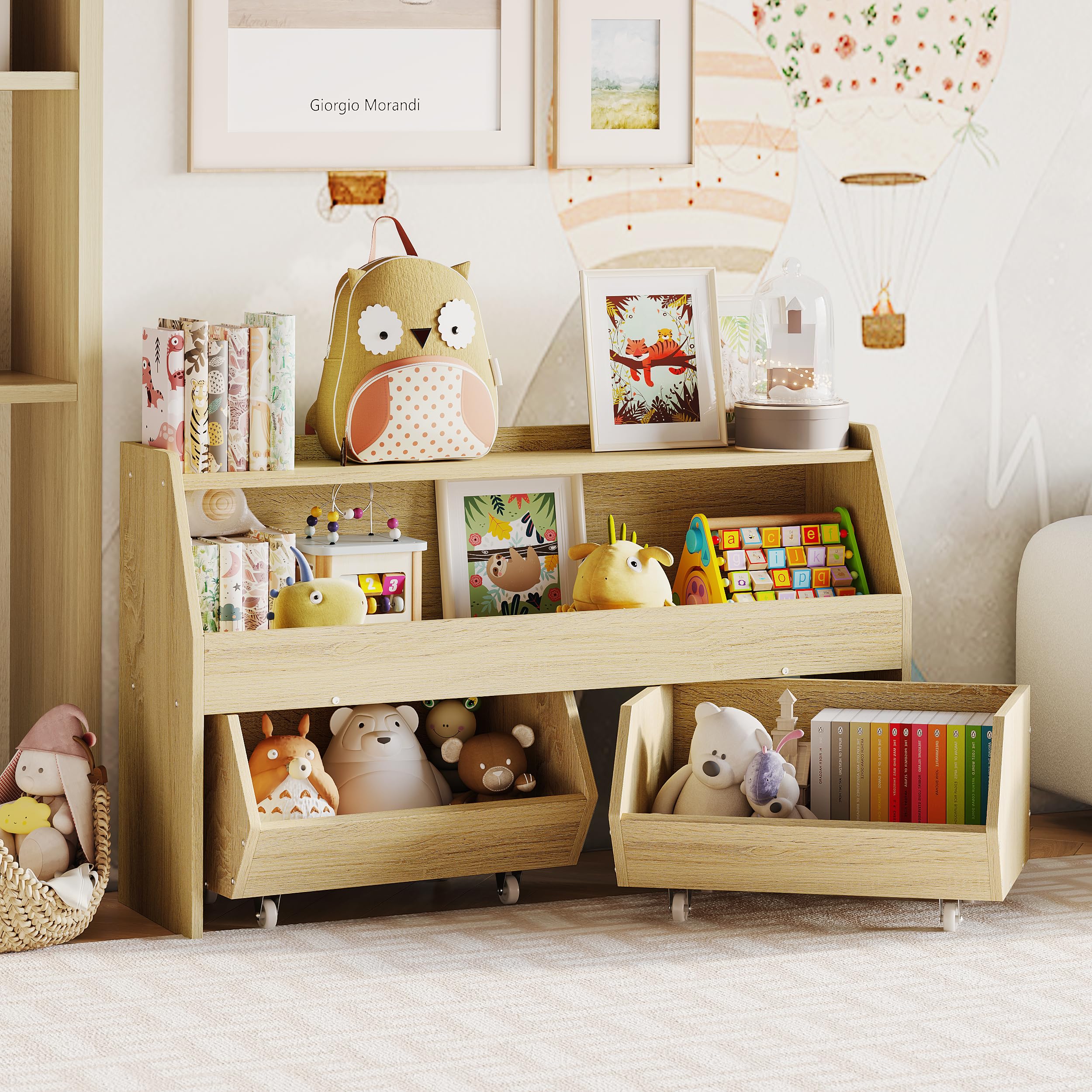 Kids Toy Storage Organizer with Wheels & Drawers - Sturdy Toy Cabinet & Bookshelf for Nursery, Playroom, Bedroom - Perfect for Organizing Toys, Books & Games (Burlywood)