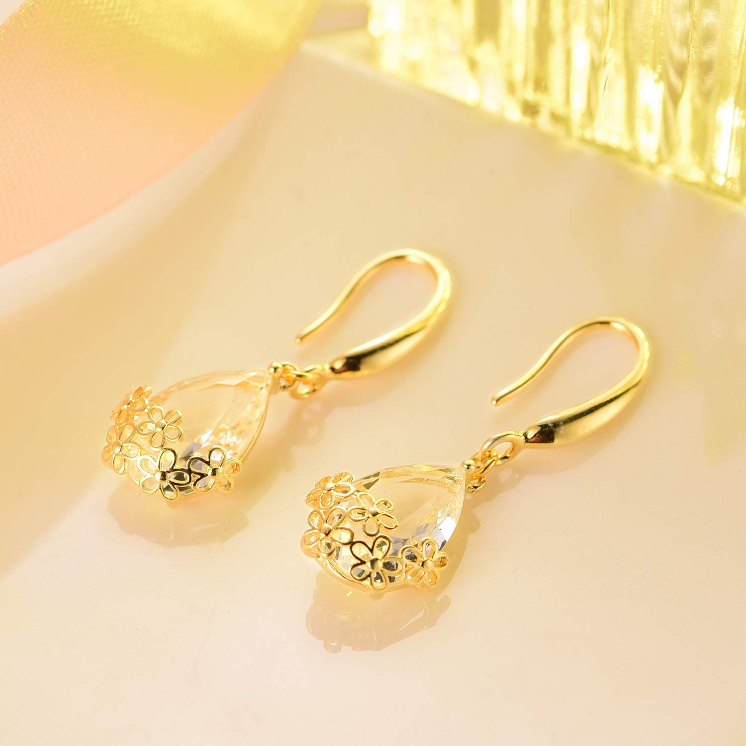 18K Gold Plated Floral Teardrop Earrings - Elegant Plum Blossom Crystal Dangle Hoop Earrings for Women, Christmas Gift Jewelry with Gift Box (Perfect for Parties, Weddings & Date Nights)