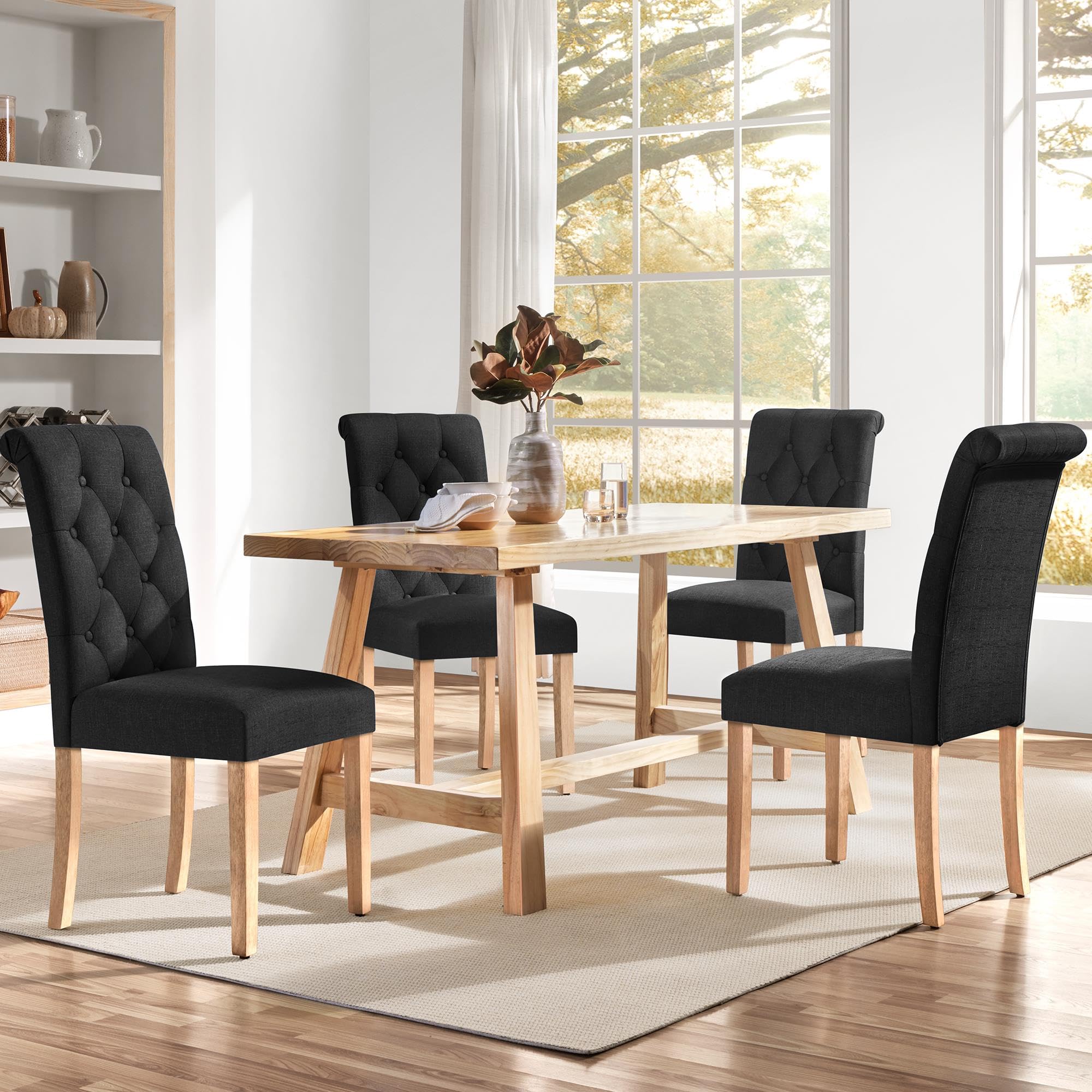 Yaheetech 4-Piece Tufted Dining Chairs Set - Modern Parsons Kitchen Chairs with Upholstered Fabric & Solid Wood Legs - Comfortable Padded Seats for Dining Room, Kitchen, Restaurant - Black (2-Pack)