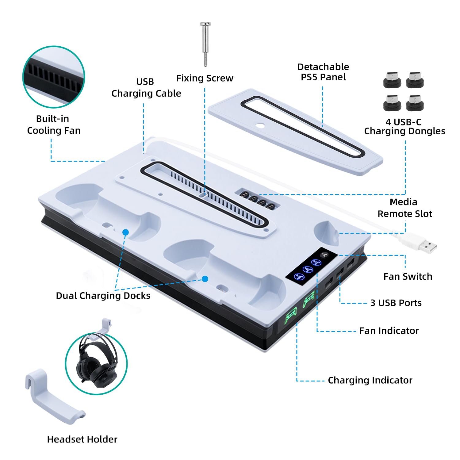 PS5 Cooling Stand with Dual Controller Charger & Headset Holder - Compatible with PS5 Slim/Pro/UHD/Digital Edition - 3 USB Ports & Enhanced Airflow Cooling Station - Perfect for Gaming Marathons & Console Protection (White)