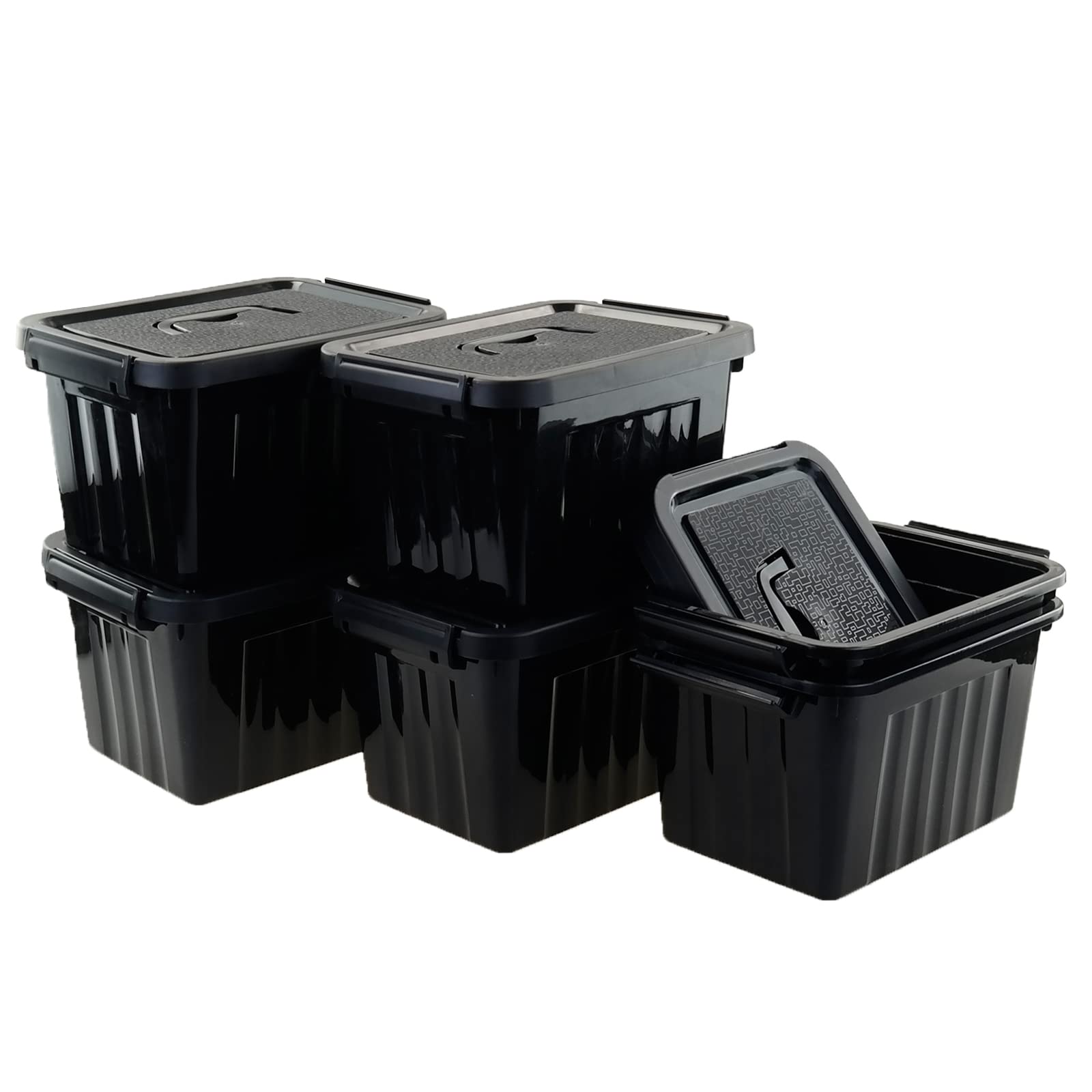 Black Plastic Storage Bins with Lids and Latches - 6 Pack Small Stackable Organizing Containers for Home, Office, Garage & Closet Organization