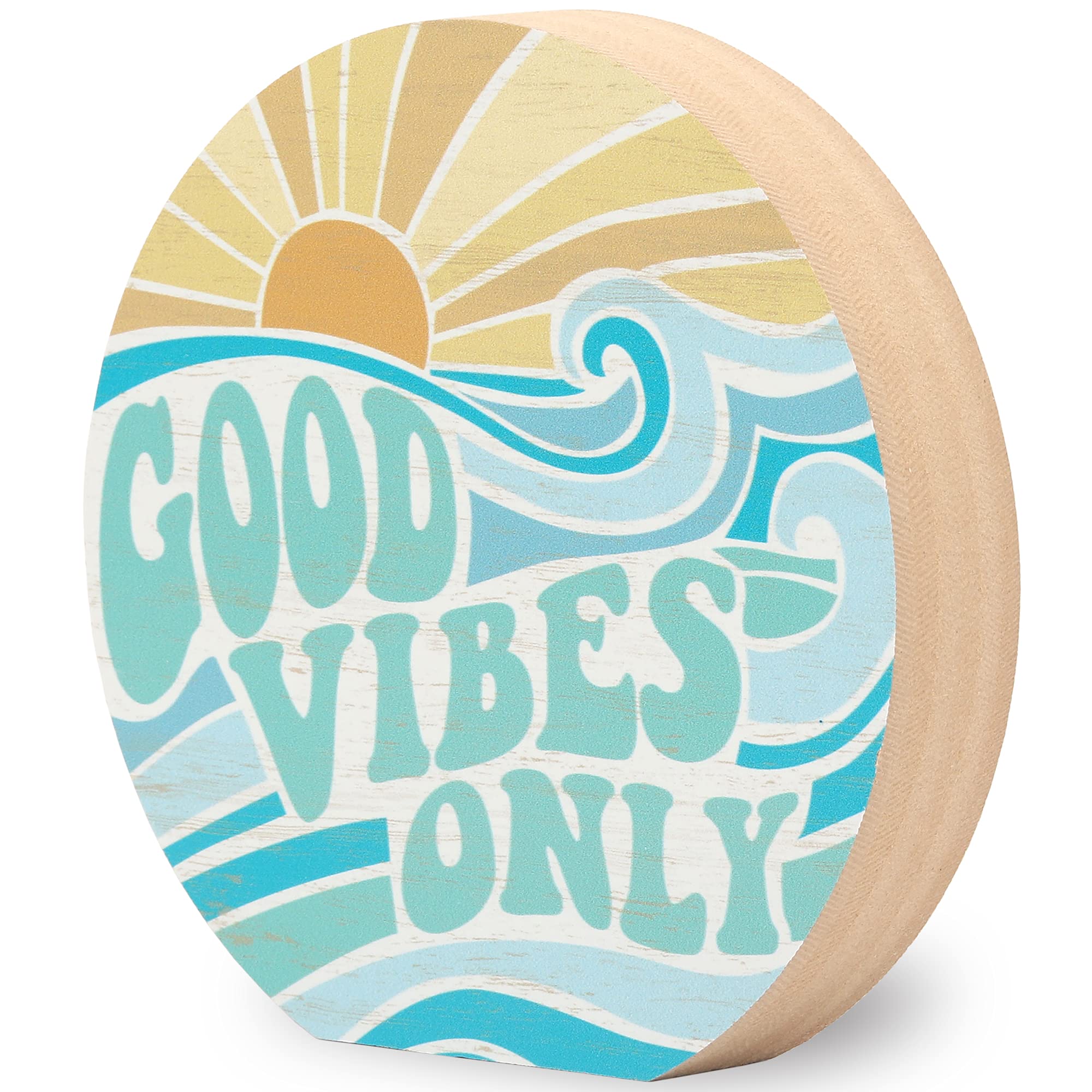 Good Vibes Only Chunky Wood Block Sign - Retro Beach Themed Home Decor - Wall Hanging or Tabletop Display for Bedroom, Office, Living Room & Beach House