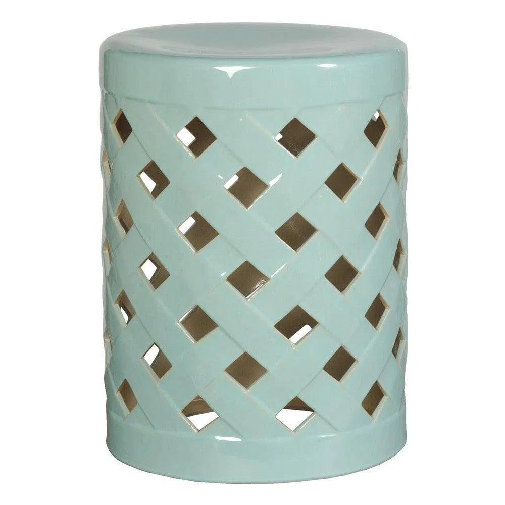 19 Inch Criss Cross Ceramic Outdoor Garden Stool - Durable Patio & Lawn Decor for Gardens, Porches and Poolside Seating