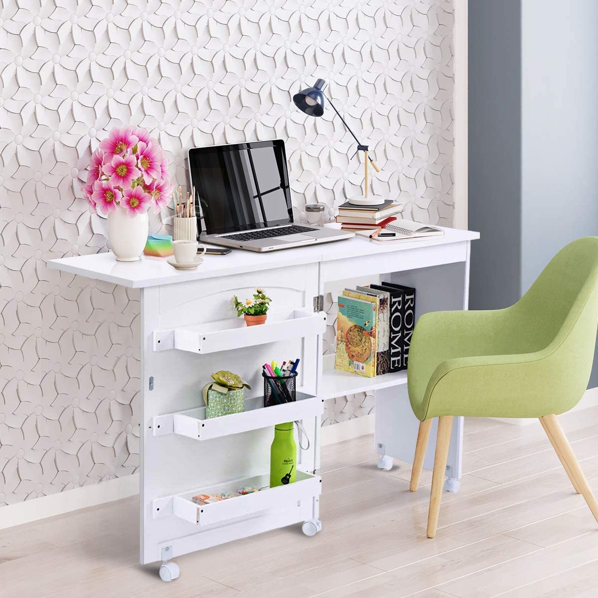 COSTWAY Folding Sewing Table with Lockable Wheels | Multipurpose Craft Station Desk & Display Cabinet with Storage Shelves | Rolling Sewing Machine Desk for Home & Apartment | Perfect for Quilting, DIY Projects & Small Space Organization (White)