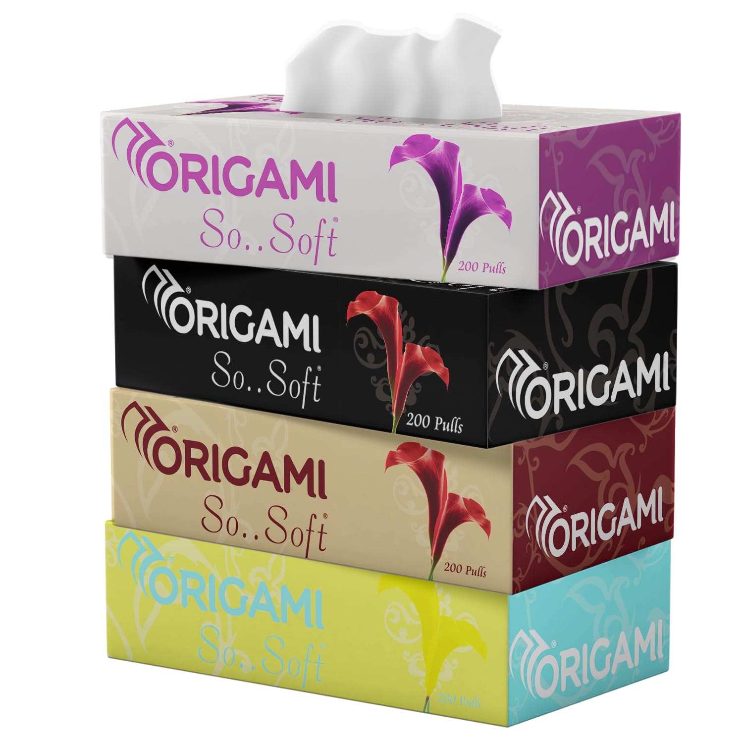 Origami 2-Ply Facial Tissues for Home & Car | 4-Pack (200 Pulls/Box, 800 Sheets Total) | Soft & Strong for Everyday Use, Travel & Office