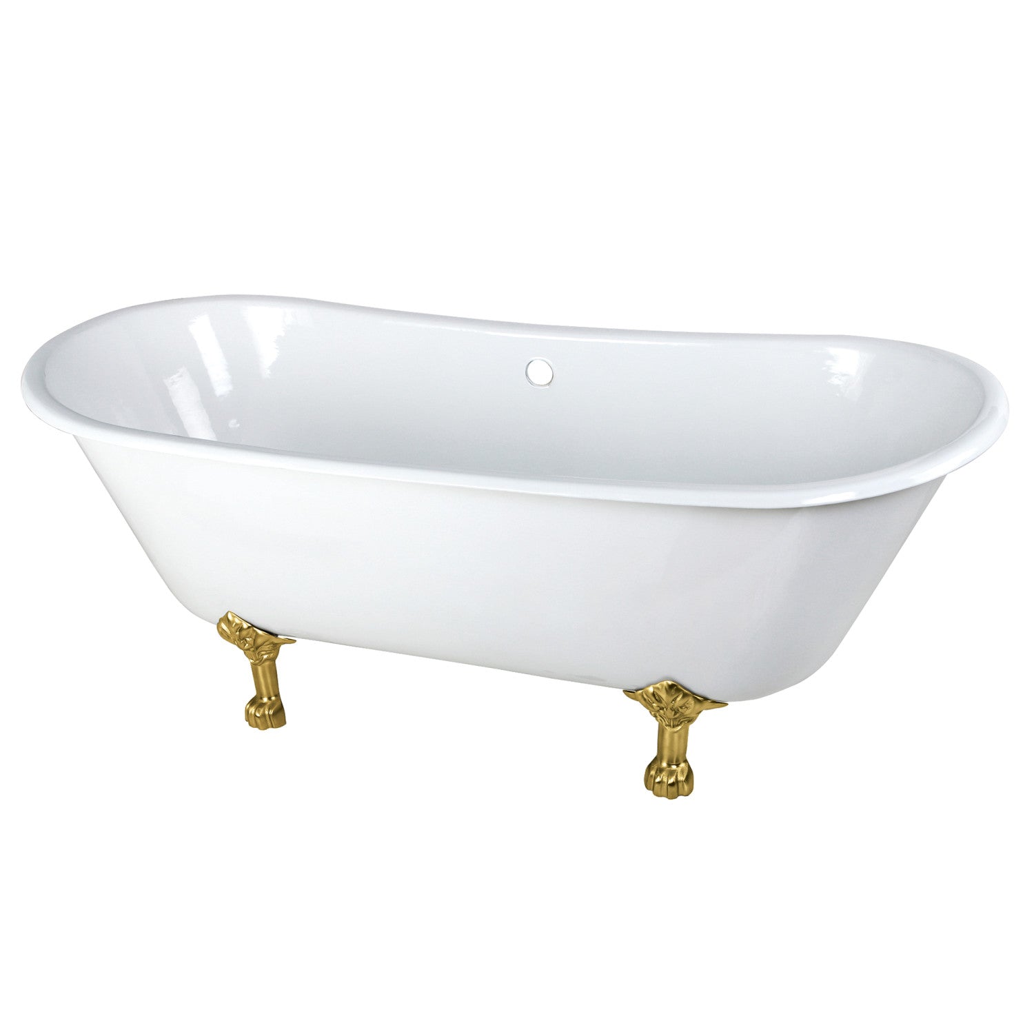 67 Inch White Cast Iron Clawfoot Bathtub - Oval Double Slipper Design with Brushed Brass Feet | Vintage Freestanding Soaking Tub for Bathroom Remodel & Spa Relaxation