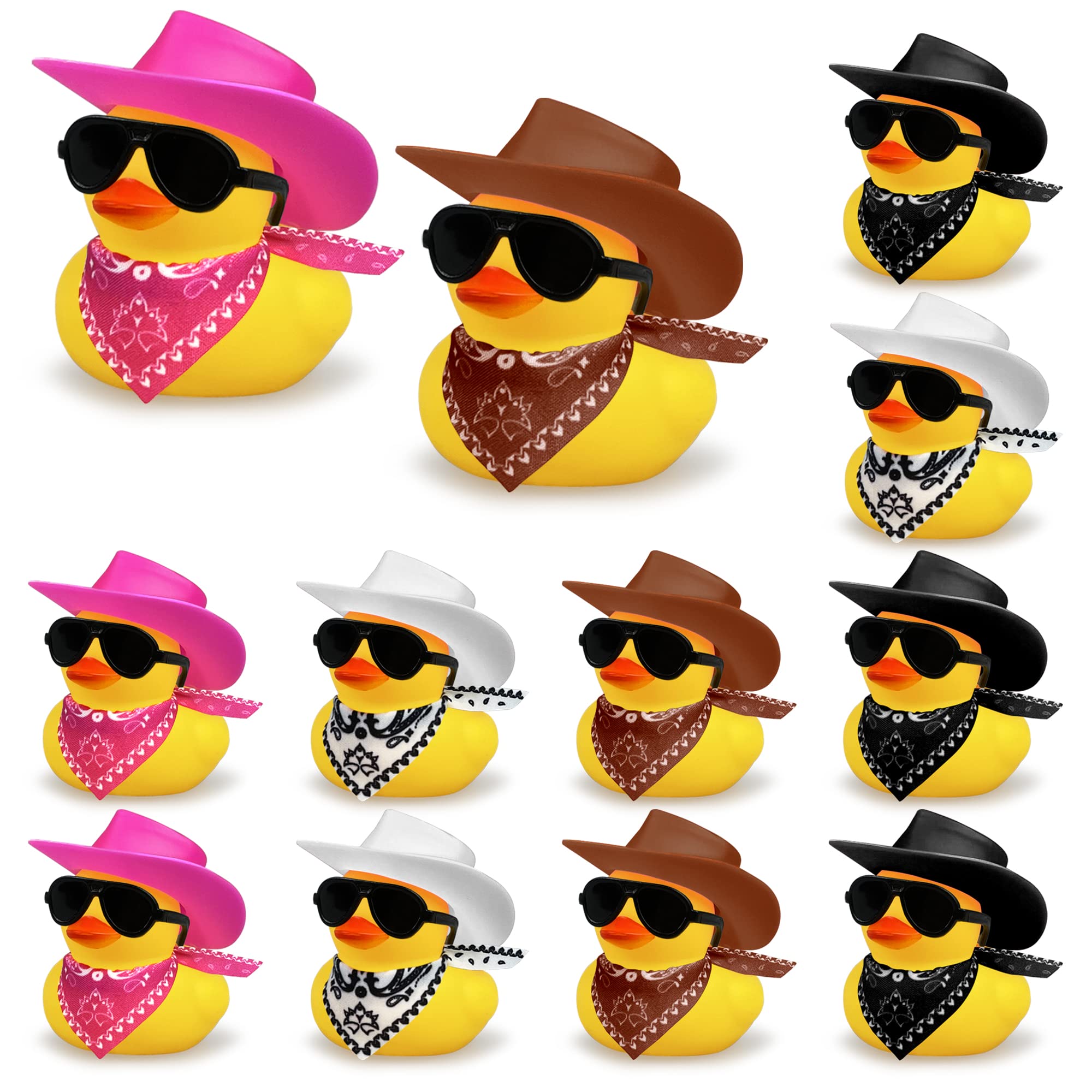 12 PCS Mini Cowboy Duck Toys with Hat & Sunglasses - Fun Party Favors for Birthday, Swimming Party & Pool Decor - Cute Duckies for Kids Gifts & Collectibles