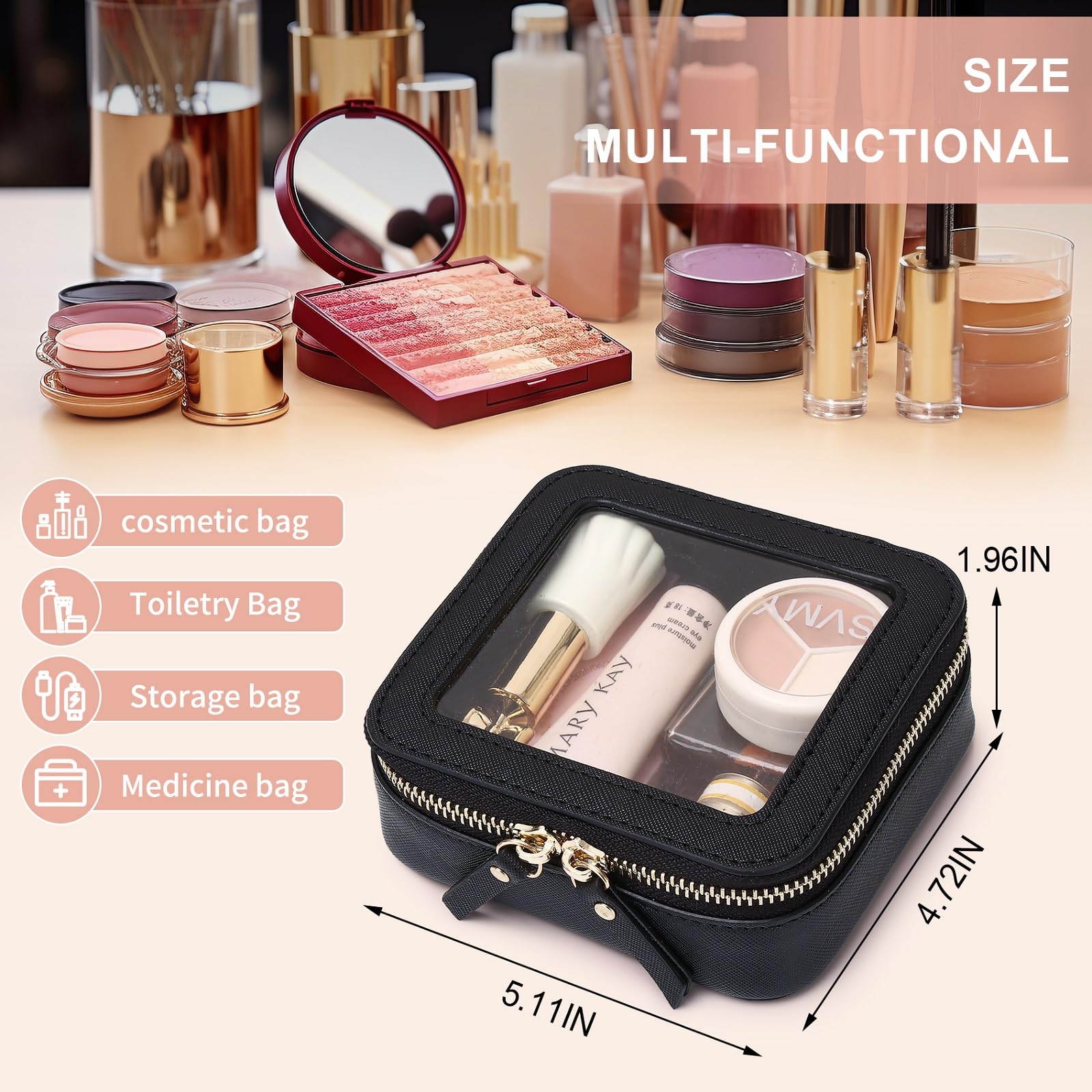 Clear Small Makeup Bag with Zipper - Mini Cosmetic Case & Toiletry Organizer for Women, Travel Essentials & Car Storage (Black, MINI-1) - Perfect for Travel, Gym, Daily Purse Organization & On-the-Go Beauty Essentials