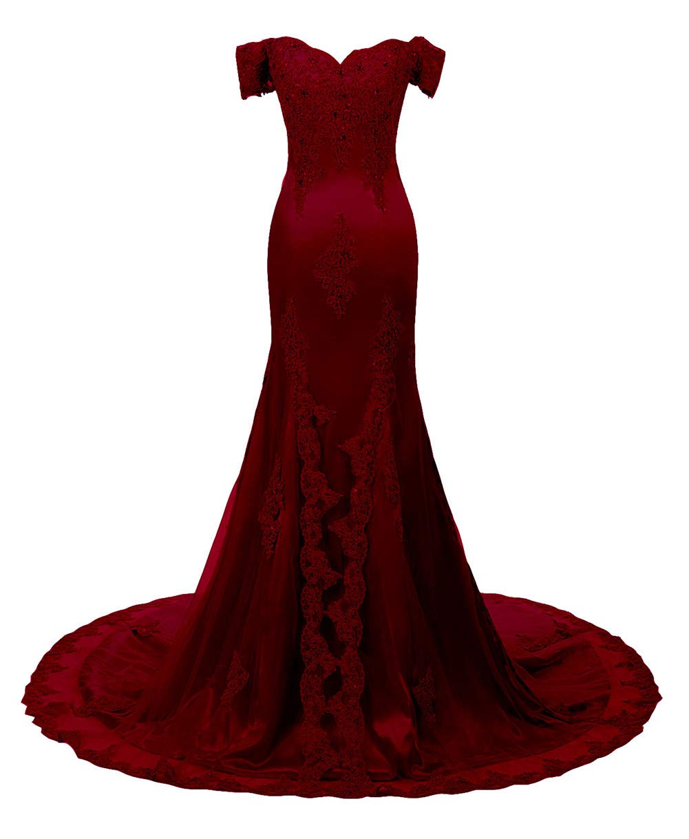 Honeydress Women's Beaded Mermaid Wedding Dress - Off Shoulder Sweetheart Long Formal Gown for Prom, Evening & Bridal Events - Burgundy Red