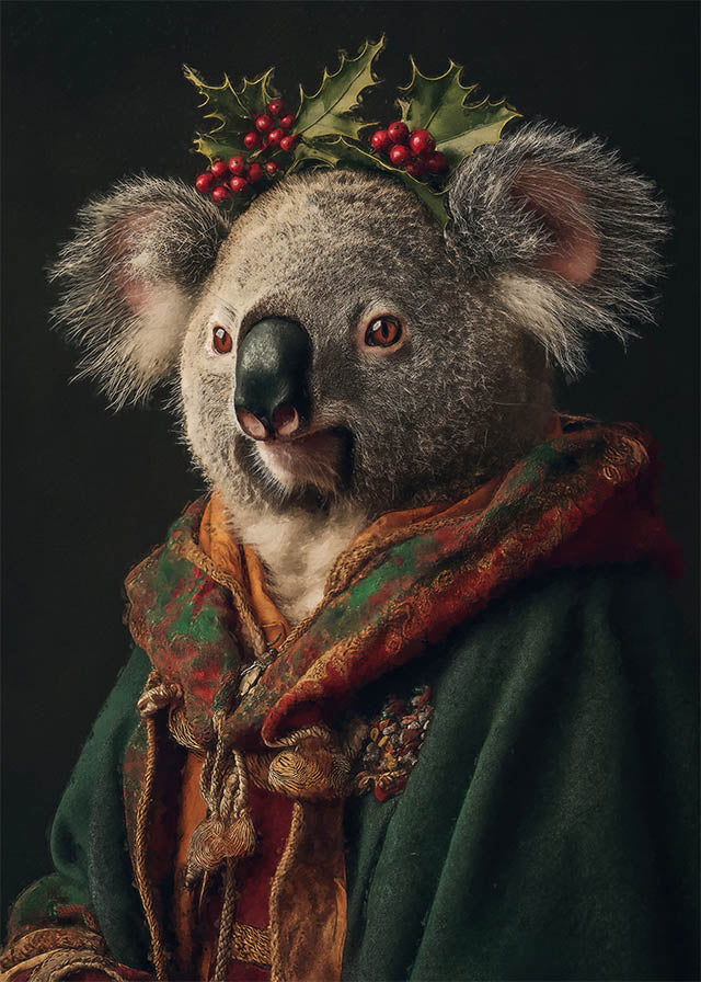 Christmas Koala Animal Portrait Print - Wall Art Decor for Holiday Home, Office & Gift Giving