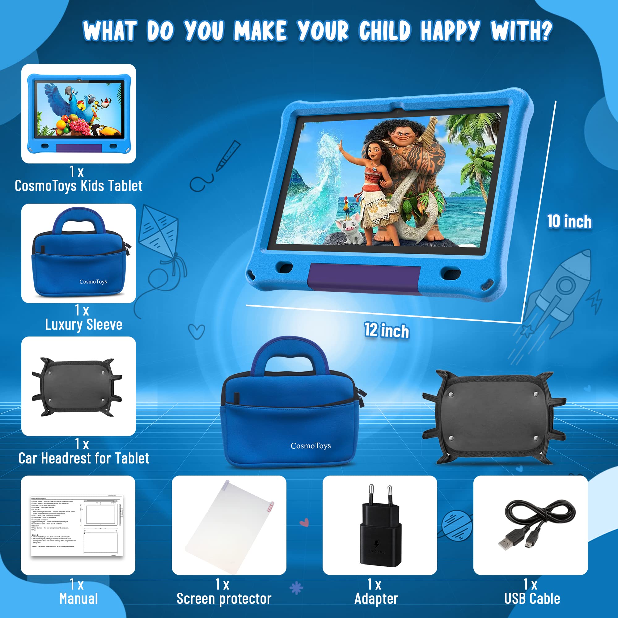 CosmoToys Kids Tablet with Parental Control - 7 Inch Android 12 Tablet for Children | Includes Car Storage Cover & Tablet Holder | 6000mAh Battery | Blue | Perfect for Travel, Learning & Entertainment