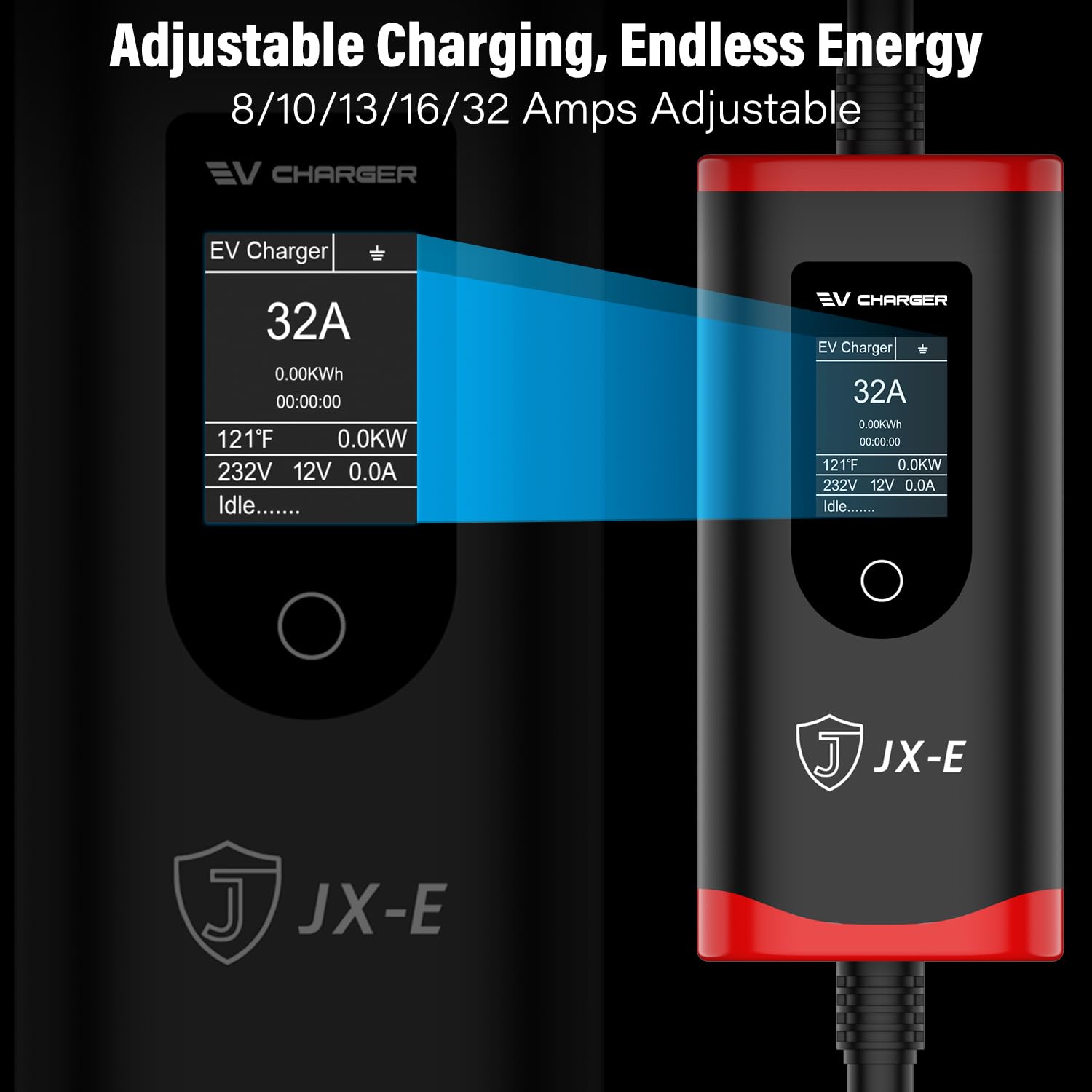 JX-E Level 2 EV Charger - 32Amp 240V NEMA 14-50 Plug Portable Home Charging Station for All SAE J1772 Electric Vehicles | FCC & ROHS Certified | 25FT Cable | Perfect for Home, Garage & Road Trip Charging