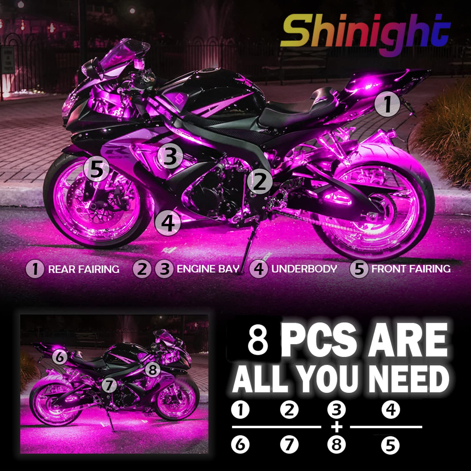 SHINIGHT 8-Piece Motorcycle LED Light Kit - RGB Multicolor Waterproof LED Strip Lights with App & RF Remote Control, Music Sync, 16 Scene Modes - Perfect for Night Riding, Bike Shows & Custom Motorcycle Lighting