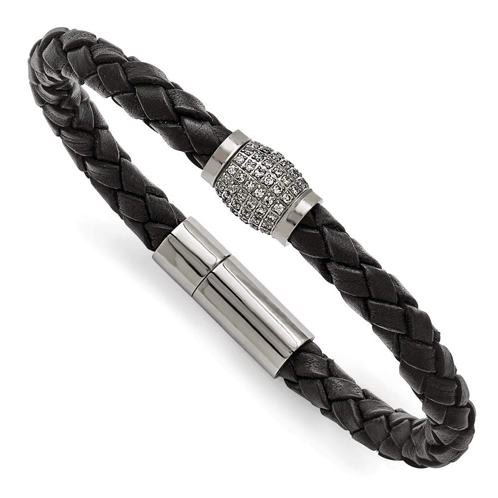 Titanium Magnetic Clasp Polished CZ Cubic Zirconia Black Leather Bracelet for Women - Elegant Simulated Diamond Jewelry Gift for Birthday, Anniversary & Special Occasions