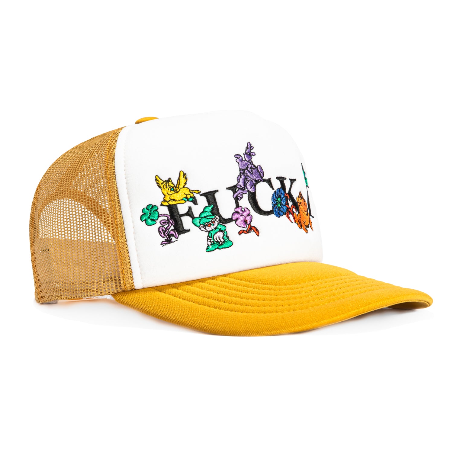 HUF F**k It Trip Foam Front Trucker Snapback Hat - White & Gold - Stylish Streetwear Cap for Skateboarding, Hip-Hop & Urban Fashion