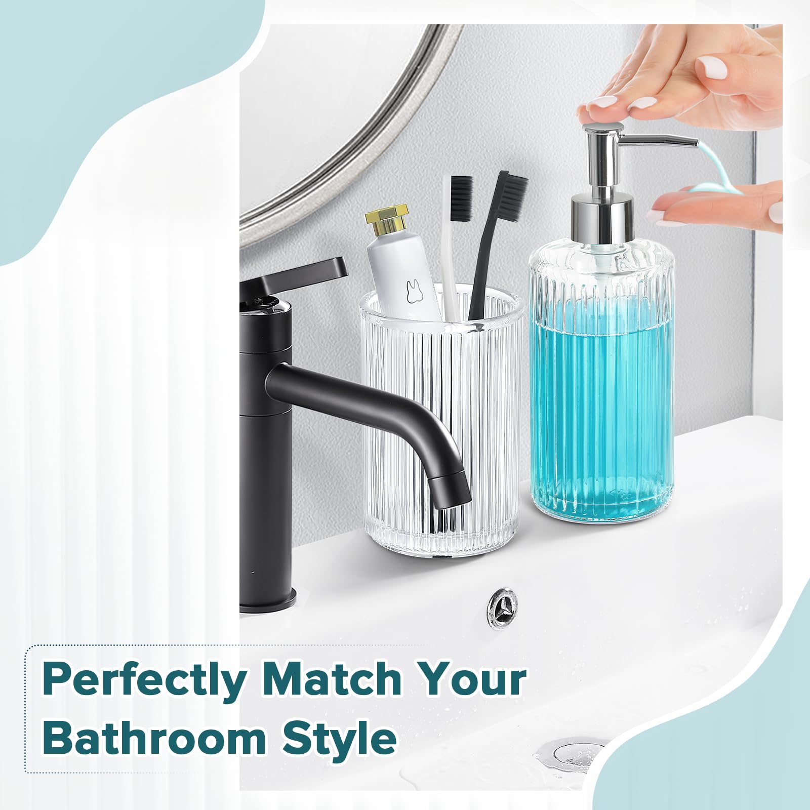4-Piece Clear Glass Bathroom Accessories Set - Modern Ribbed Soap Dispenser, Toothbrush Holder & 2 Qtips Holders | Sleek Silver Countertop Decor for Bathroom, Vanity & Guest Bath Organization