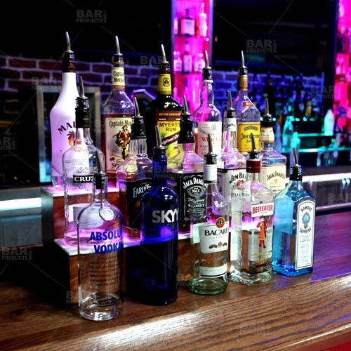 BarConic® LED Liquor Bottle Display Shelf - 1 Step Adjustable Wild Cherry Wood Bar Shelf with LED Lighting (Multiple Lengths Available) - Perfect for Home Bars, Restaurants, and Retail Stores