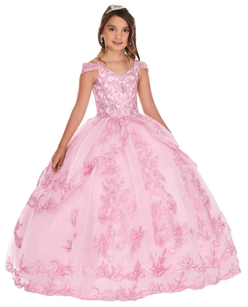 Honeydress Girls Lace Applique Party Prom Dress - Light Pink Floor Length Tulle Ball Gown for Kids | Perfect for Birthday Parties, Pageants, Weddings & Special Occasions