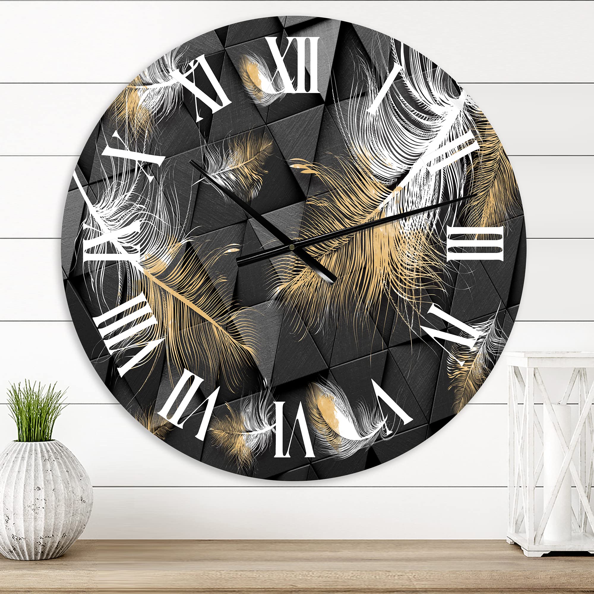 DesignQ Modern White and Gold Feathers Triangular Wall Clock - Large Floral Botanical Decor for Bedroom, Living Room, Office | Silent Non-Ticking, Battery Operated