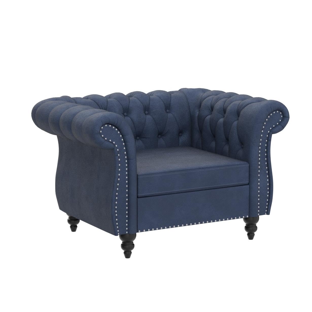 RARZOE Contemporary Velvet Chesterfield Chair - Blue Tufted Club Chair with Scrolled Arms & Nailhead Trim - Luxurious Accent Chair for Living Room, Bedroom & Office - Perfect for Home Decor, Reading Nook & Lounge Areas