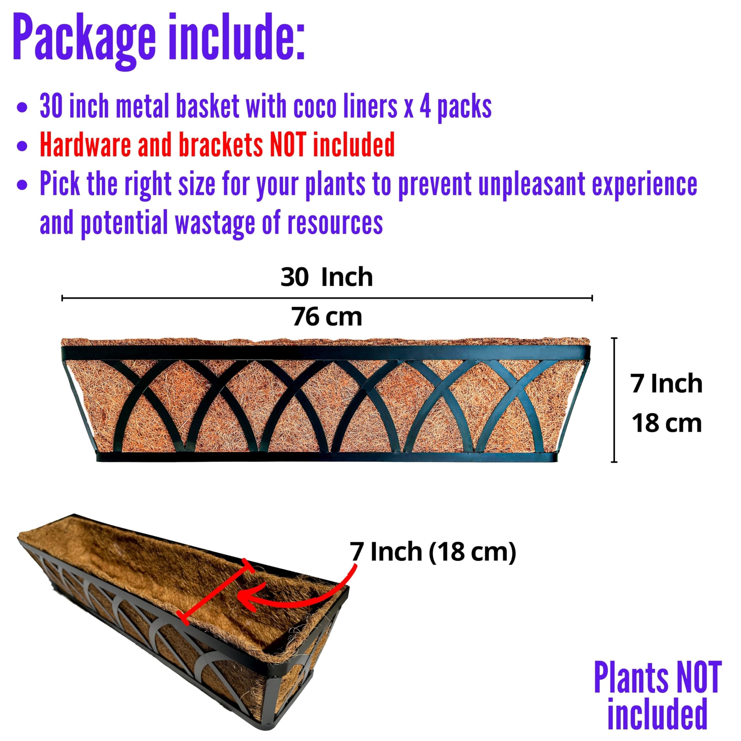 LaLaGreen Wall Planter (4 Pack, 30 Inch) - Large Outdoor Railing Planter Box with Coco Liner, Metal Balcony Flower Basket for Deck, Fence, Window & Porch | Perfect for Houseplants, Herbs & Flowers - Ideal for Balcony Decor, Garden Landscaping & Home Improvement Projects