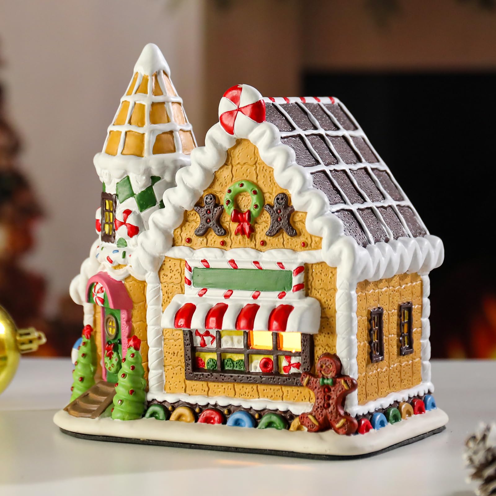 Hand-Painted Ceramic Christmas Gingerbread Village House with LED Lights - Festive Holiday Home Decor for Tabletop, Mantel & Christmas Village Displays