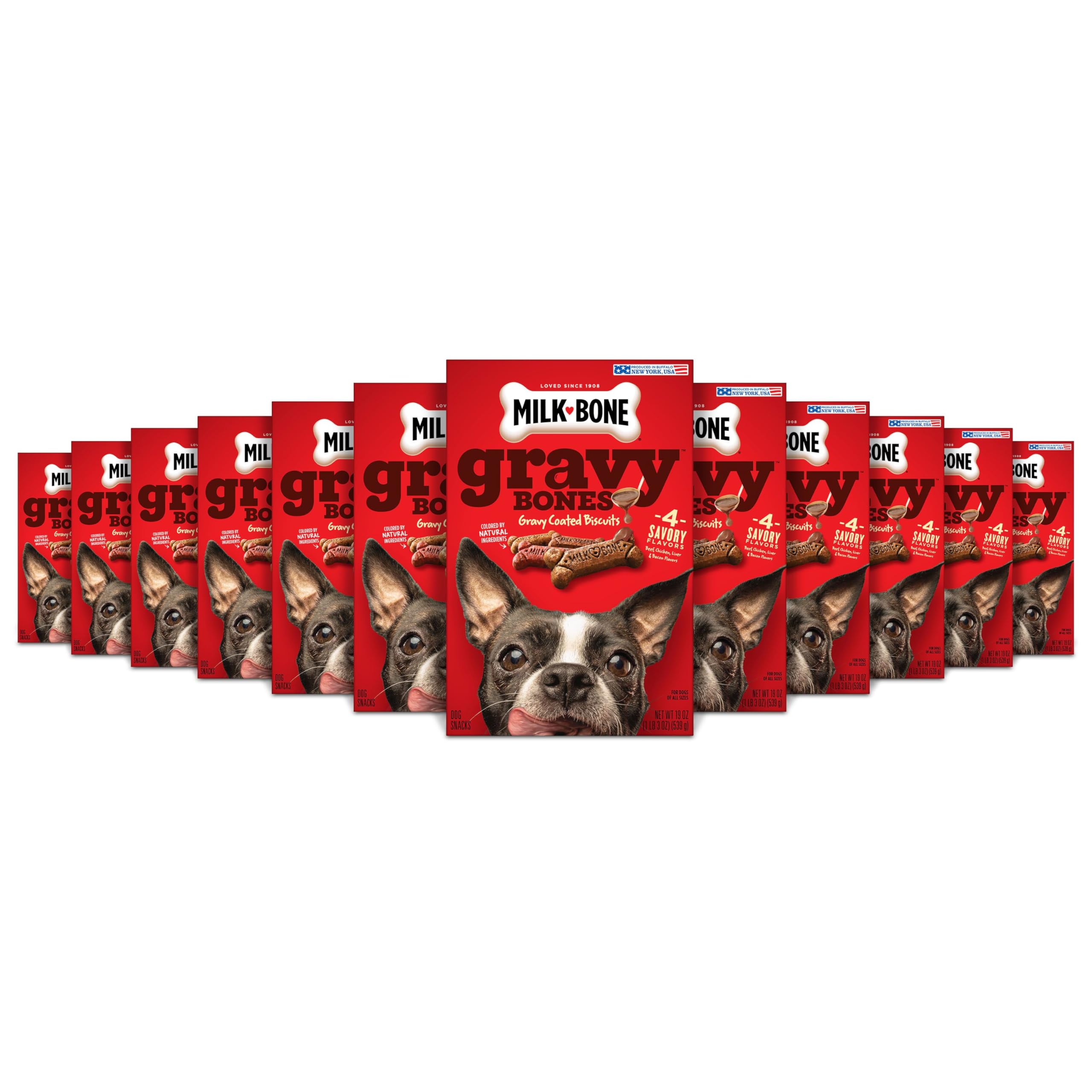 Milk-Bone Gravy Bones Dog Treats - 4 Savory Meat Flavors Coated in Gravy, 19oz (Pack of 12) | Delicious & Nutritious Dog Snacks for Training, Rewards & Dental Health | Perfect for Small, Medium & Large Dogs