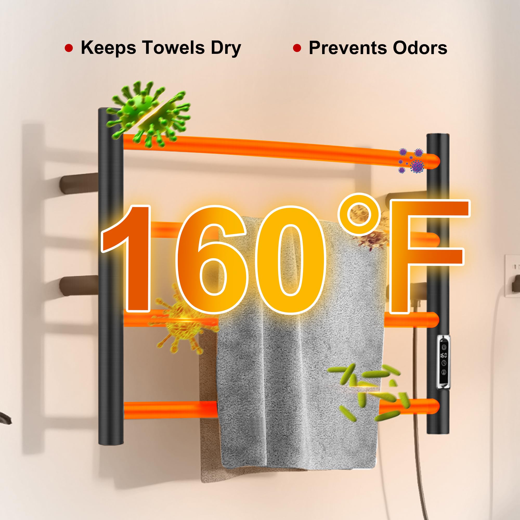 Electric Heated Towel Rack for Bathroom - 4 Bar Stainless Steel Wall Mounted Towel Warmer with Timer & Temperature Control - Matte Black - Perfect for Spa, Luxury Bathroom & Home Comfort