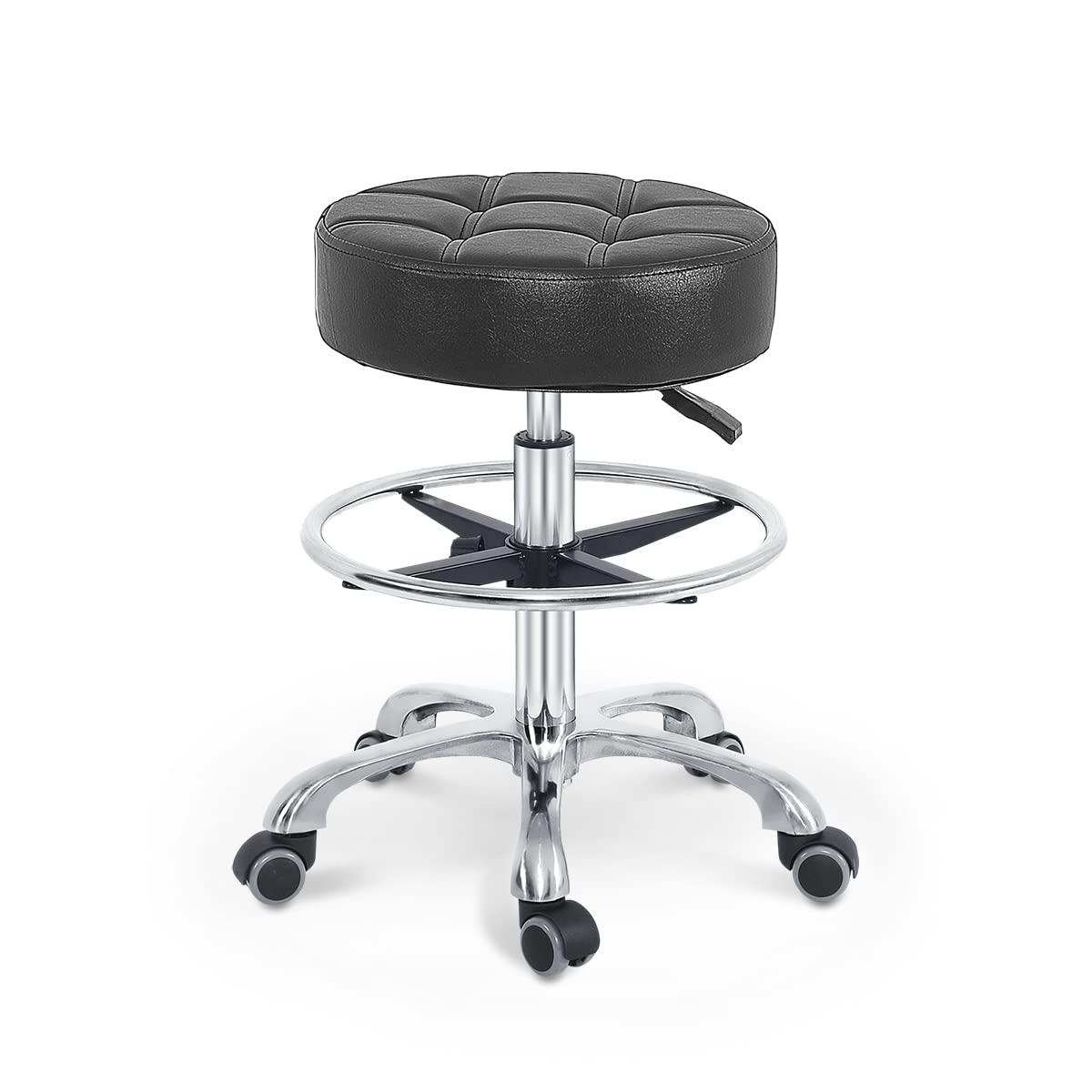 Grace & Grace Heavy Duty Adjustable Rolling Swivel Stool Chair with Wheels & Foot Ring - Ergonomic Work Stool for Salon, Massage, Factory, Workshop, Office & Home Use (Black) - Perfect for Hairdressers, Therapists & Industrial Workers