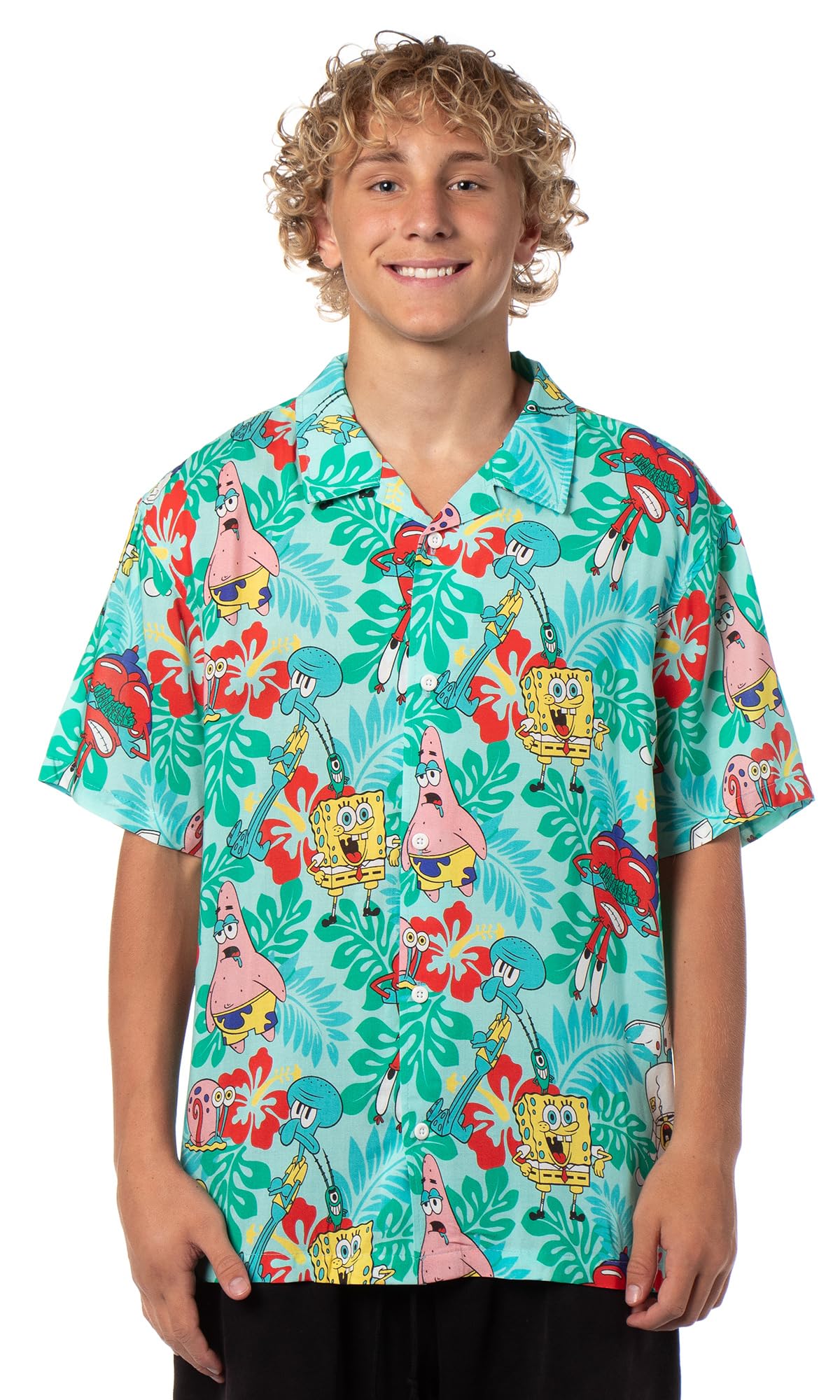 Spongebob Squarepants Men's Hawaiian Shirt - Short Sleeve Button Up Floral Woven Shirt for Casual Wear, Beach Vacation & Cosplay