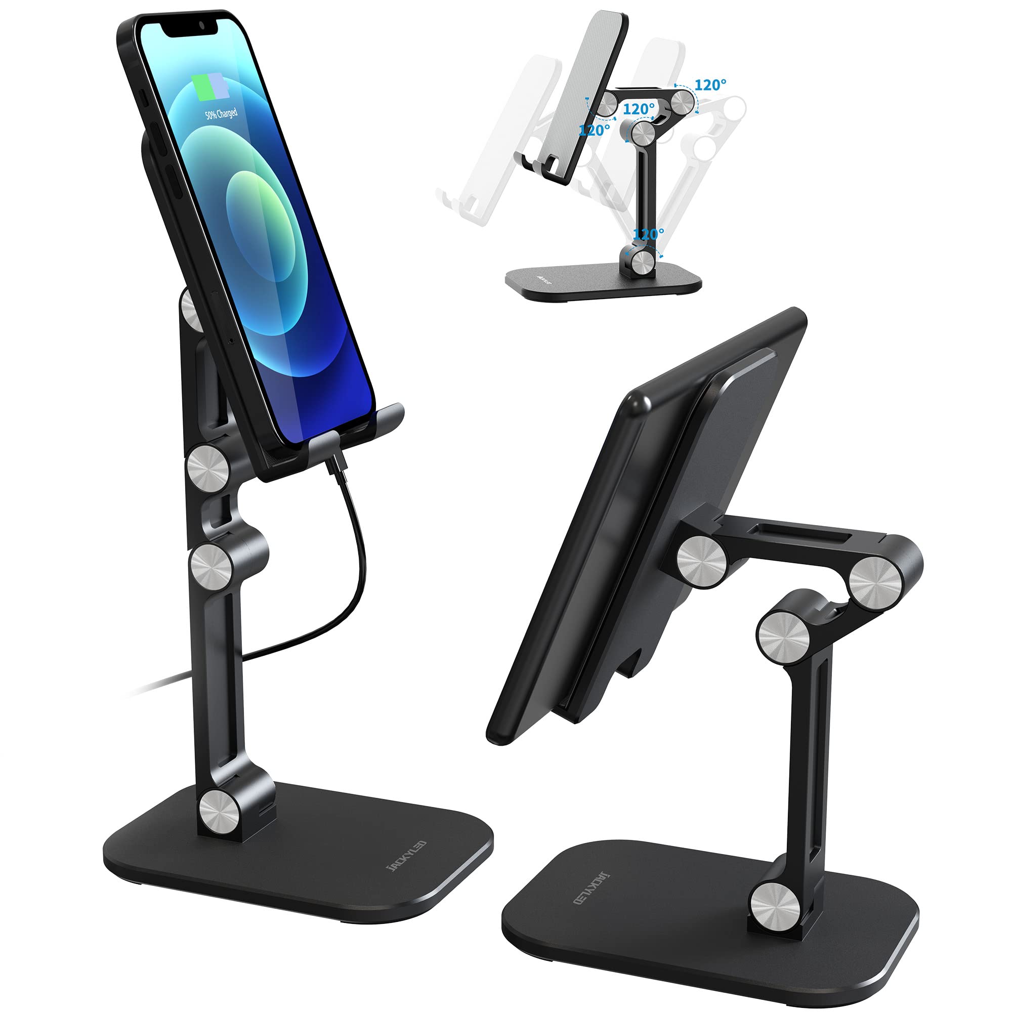 Adjustable Cell Phone Stand Holder for Desk - JACKYLED Universal Phone Dock Compatible with iPhone, Samsung, iPad, Kindle (4-10.5 Inch) - Perfect for Home Office, Bedside Table & Video Watching - Black