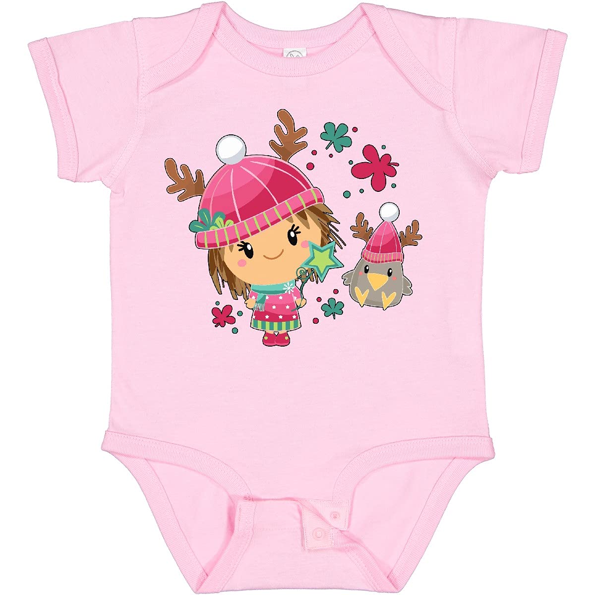 Inktastic Cute Winter Christmas Girl and Crow in Hats Baby Bodysuit - Soft Cotton Onesie for Infants & Toddlers - Perfect Holiday Outfit for Christmas Parties & Family Photos