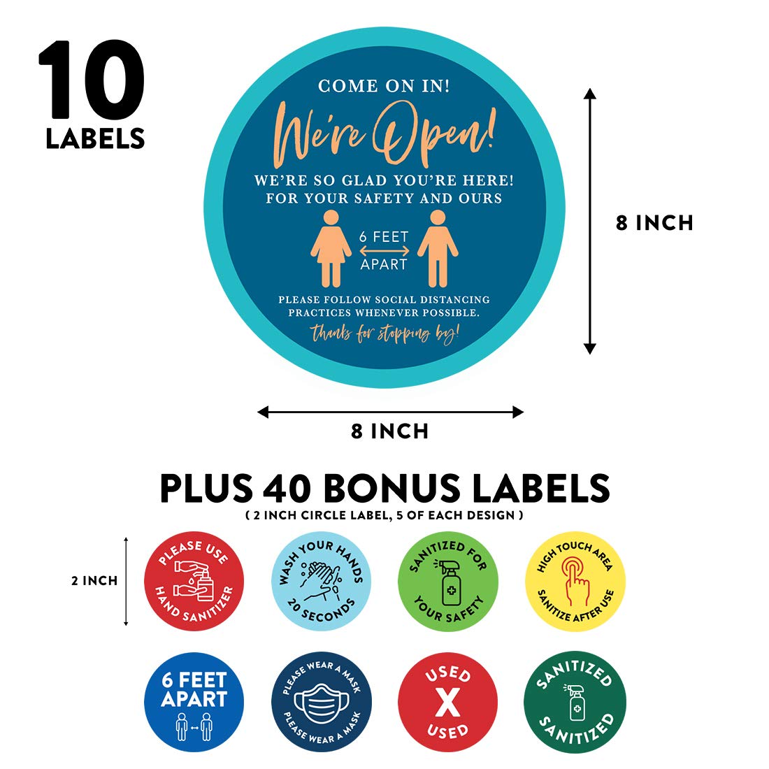 50-Pack Social Distancing Signs & Stickers - 10 Round 8
