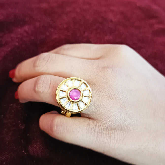 Exquisite Gold Plated Royal Kundan Beaded Ring - Elegant Indian Jewelry for Women | Perfect for Weddings, Parties & Special Occasions