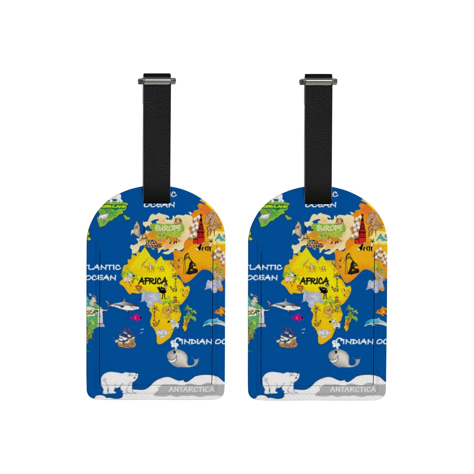2 Pack Animal World Map Cartoon Luggage Tags for Women, Men & Kids - Durable Leather Suitcase Labels for Travel, Backpacks & Carry-On Bags