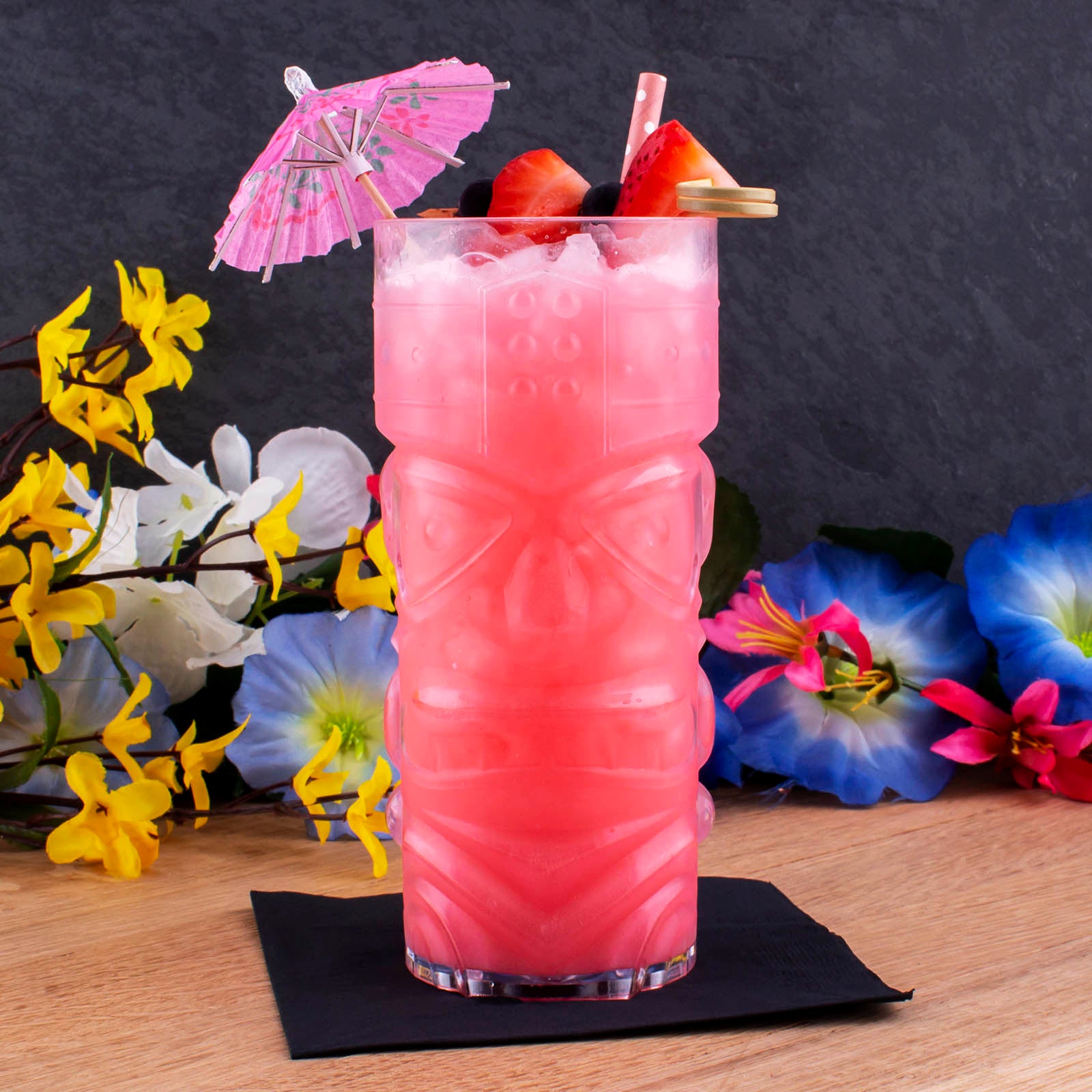 BarConic® 15 oz Clear Plastic Tiki Cup - Tropical Party Drinkware for Summer Cocktails, Luau Themed Events & Beach Bar Decorations