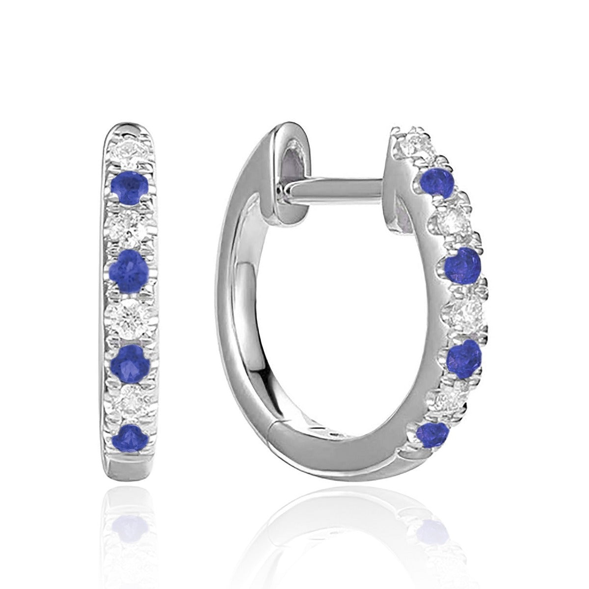 14K White Gold Sapphire & Diamond Huggie Hoop Earrings for Women - Elegant Everyday Jewelry for Work, Date Night & Special Occasions