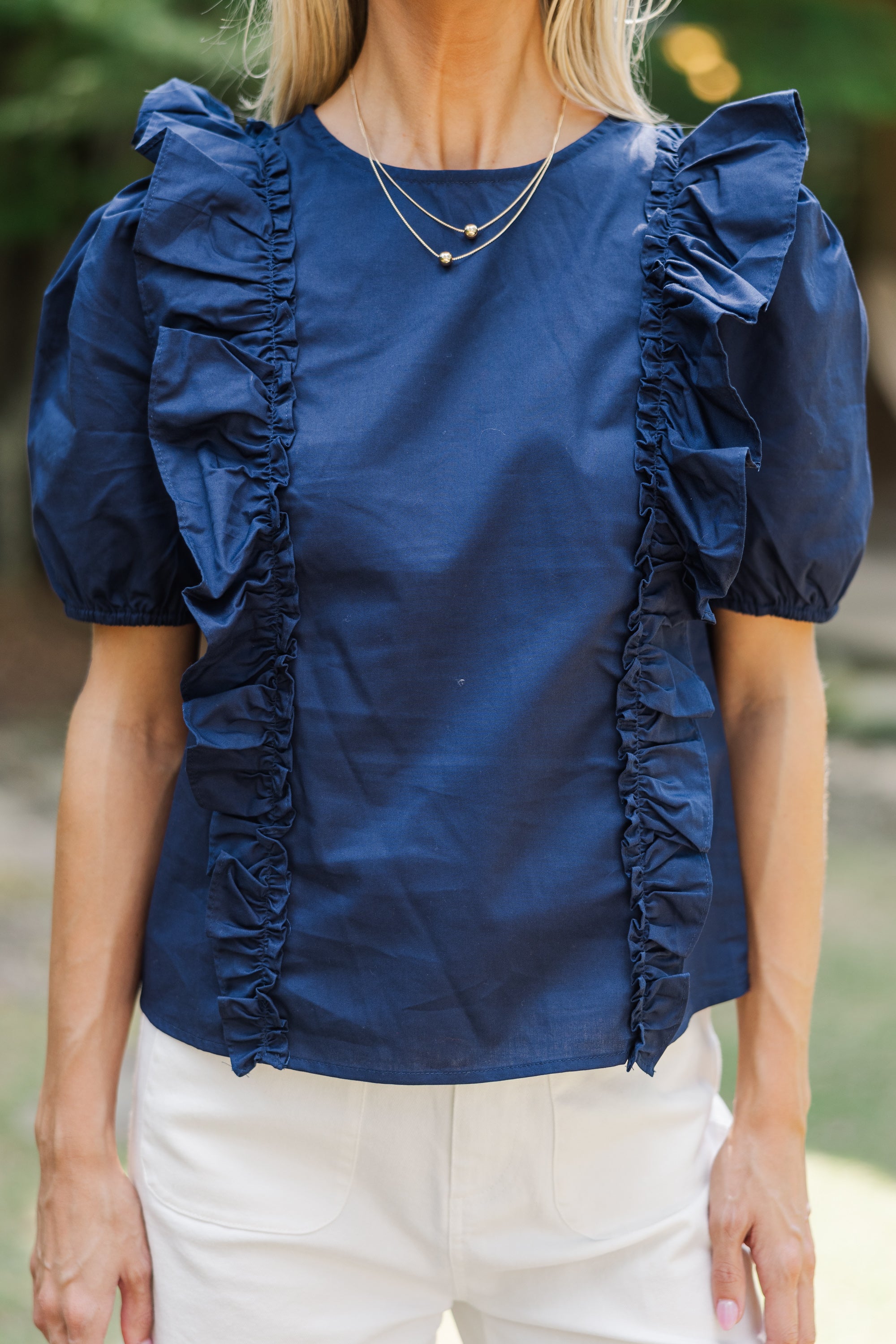 Navy Blue Ruffled Blouse for Women - Elegant Ruffle Sleeve Tops - Perfect for Office, Date Night & Special Occasions