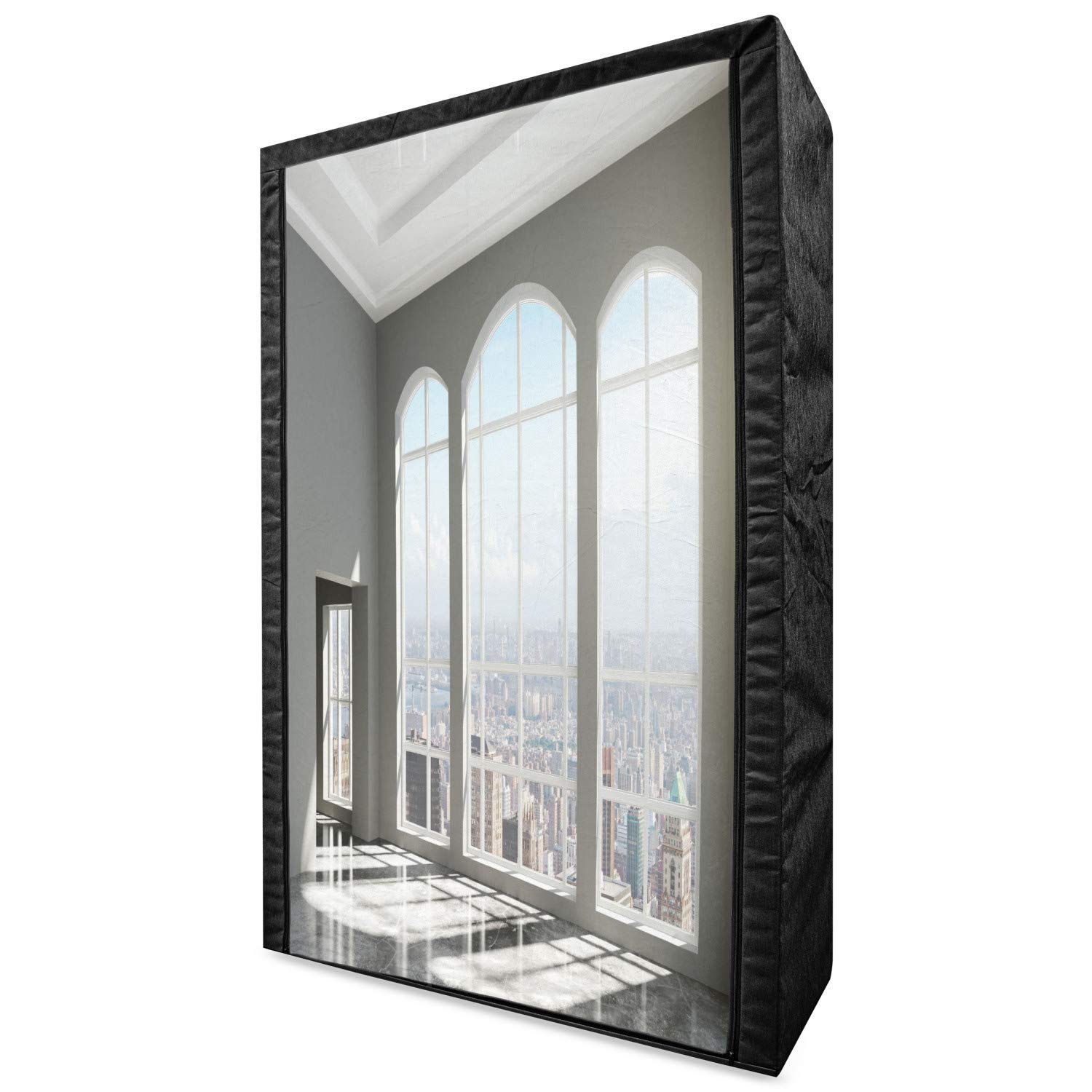 Ambesonne Modern Portable Fabric Wardrobe - Urban City & Country Home Window Print - 42.5 Inch Clothing Organizer with Shelves - White & Eggshell - Perfect for Small Spaces, Dorm Rooms & Apartment Storage