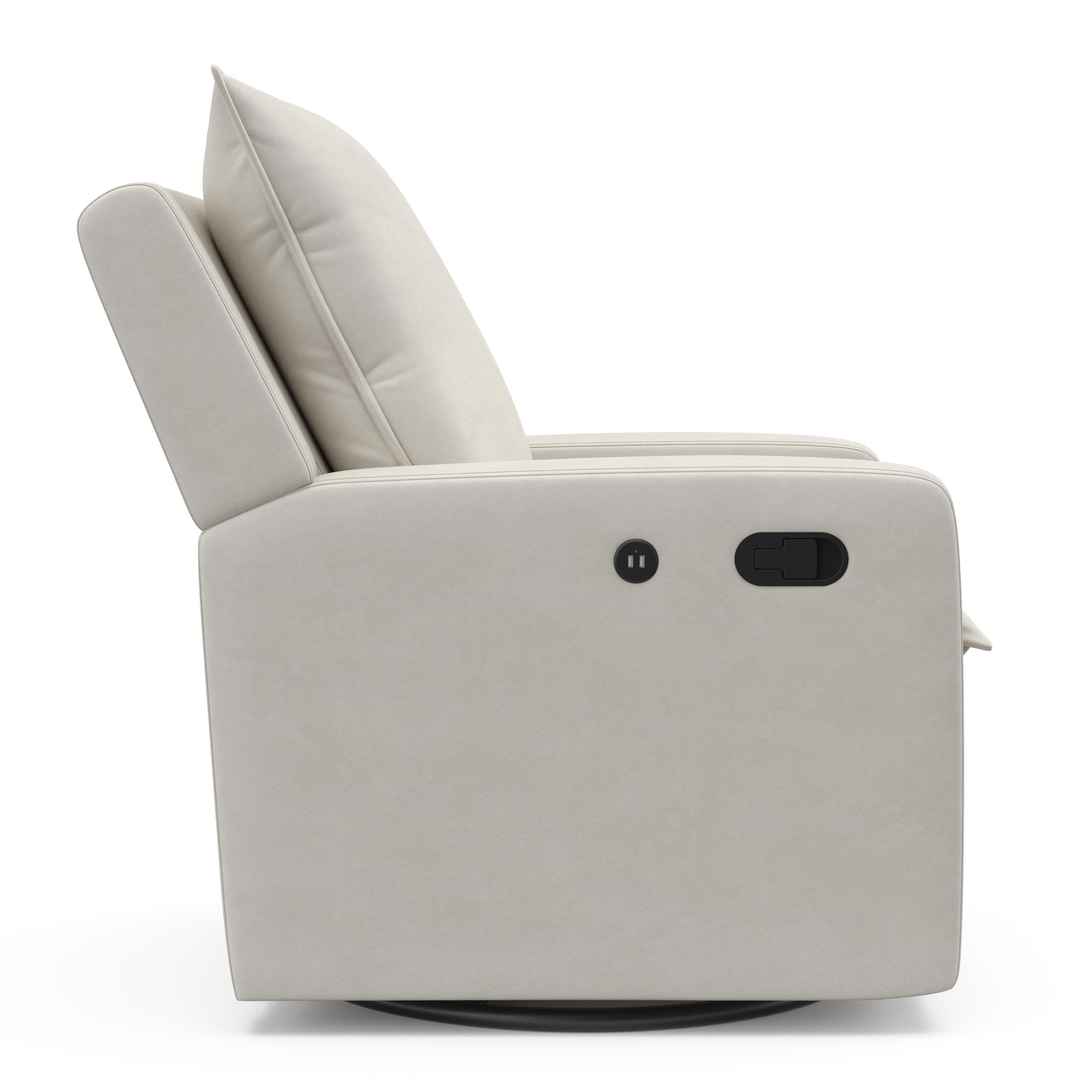 Storkcraft Timeless Reclining Glider Chair with USB Port - 360° Swivel Base, Extendable Footrest & Supportive Cushions, Ivory Fabric Upholstery for Nursery, Living Room & Relaxation