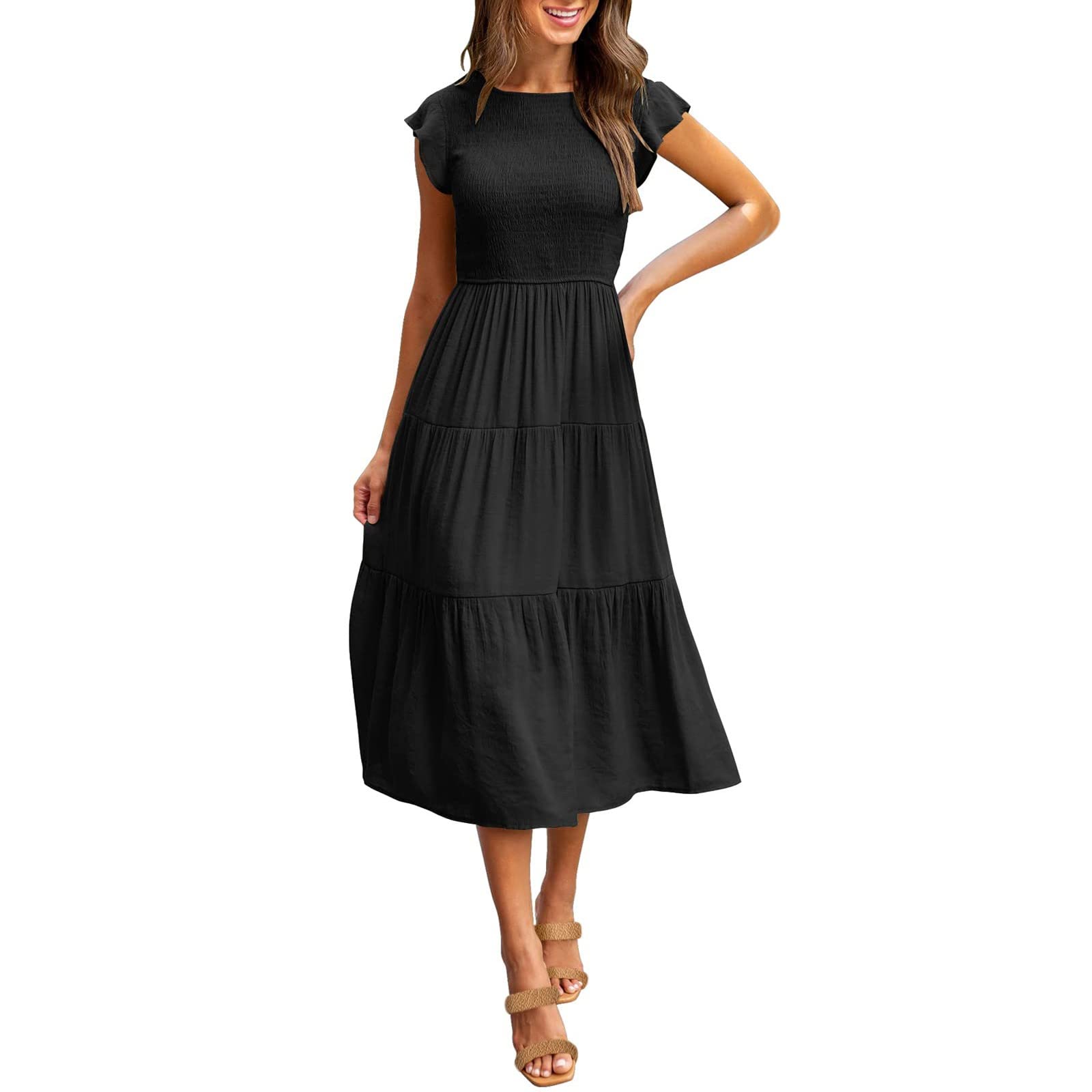 Women's Midi Dresses - Summer Casual Boho Maxi Dress with Flutter Sleeves & Smocked Waist A-Line Beach Dress | Perfect for Vacations, Date Nights & Outdoor Parties