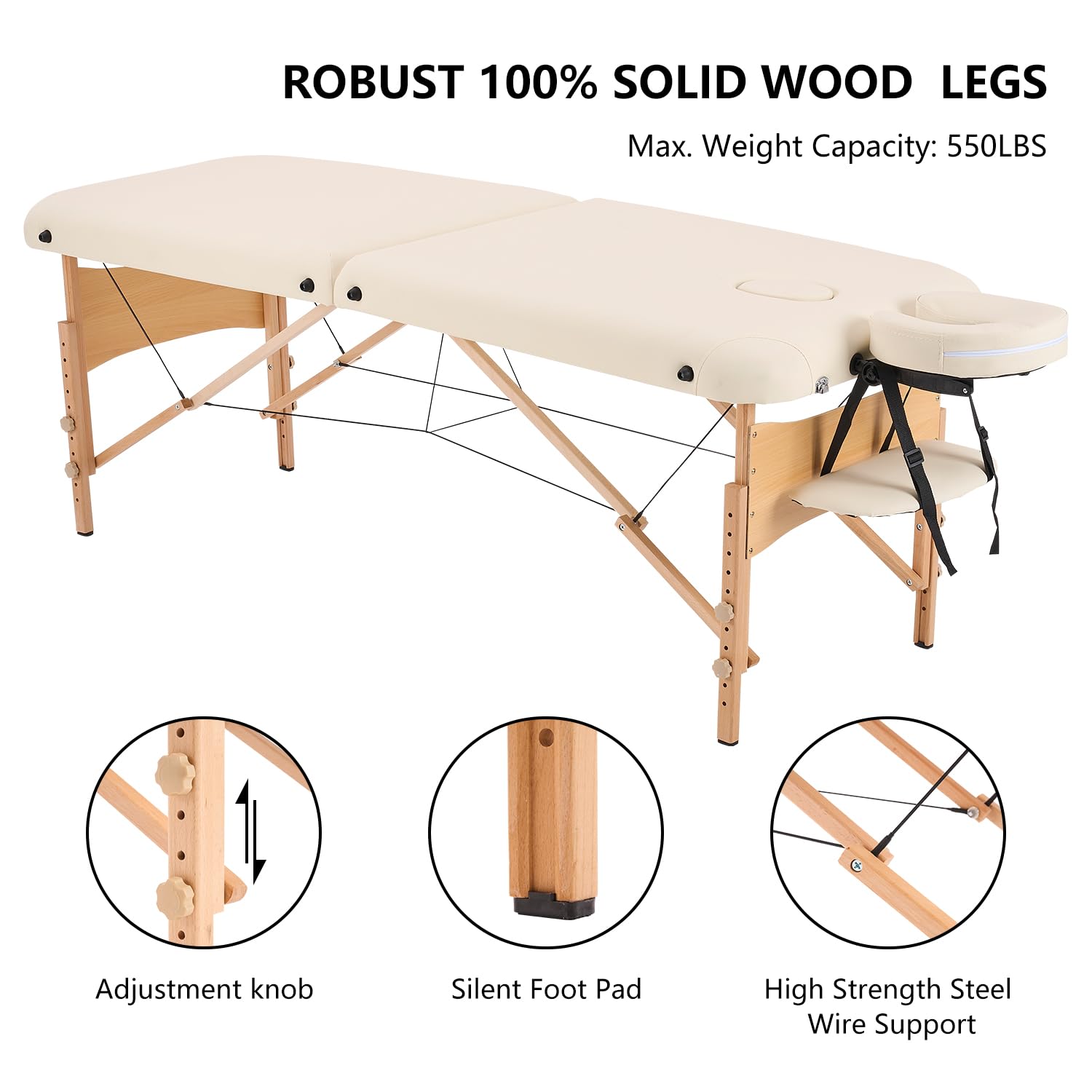YOUNIKE Portable Folding Massage Table 70cm Wide - Adjustable Professional Facial Spa Salon Bed for Eyelash Extensions, Beauty Therapy & Tattoo - Lightweight Beige for Home & Salon Use