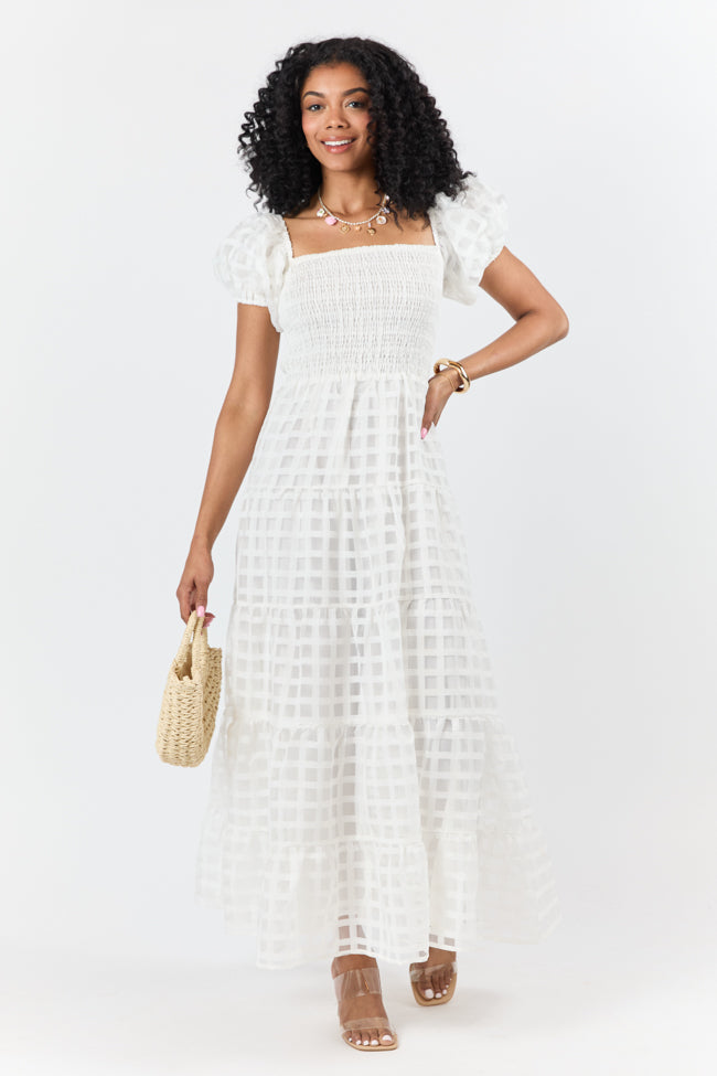 What A Feeling White Windowpane Maxi Dress for Women - Summer Boho Beach Dress, Elegant Flowy Long Dress for Vacation, Party & Wedding Guest