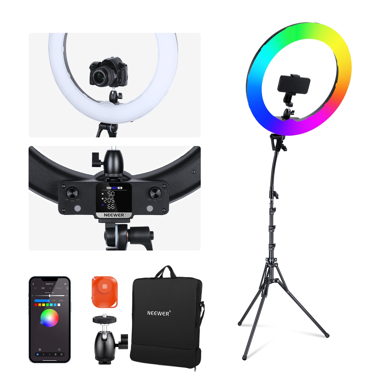NEEWER RGB18 II 18-Inch Dimmable RGB LED Ring Light with APP Control for Photography, Video Shooting, Live Streaming & TikTok Content Creation