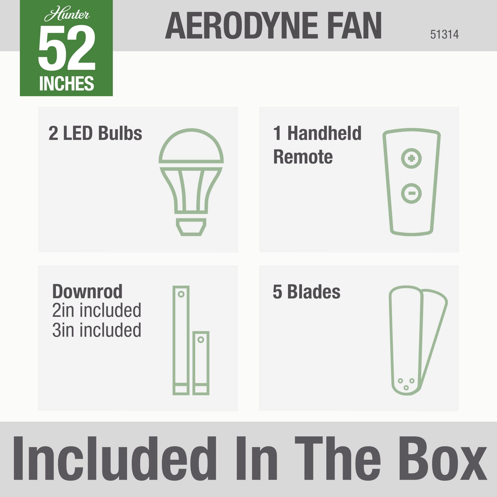 Hunter Aerodyne 52 Inch Ceiling Fan with LED Light and Remote Control, Matte Black Finish - Perfect for Living Room, Bedroom, and Outdoor Patio Cooling