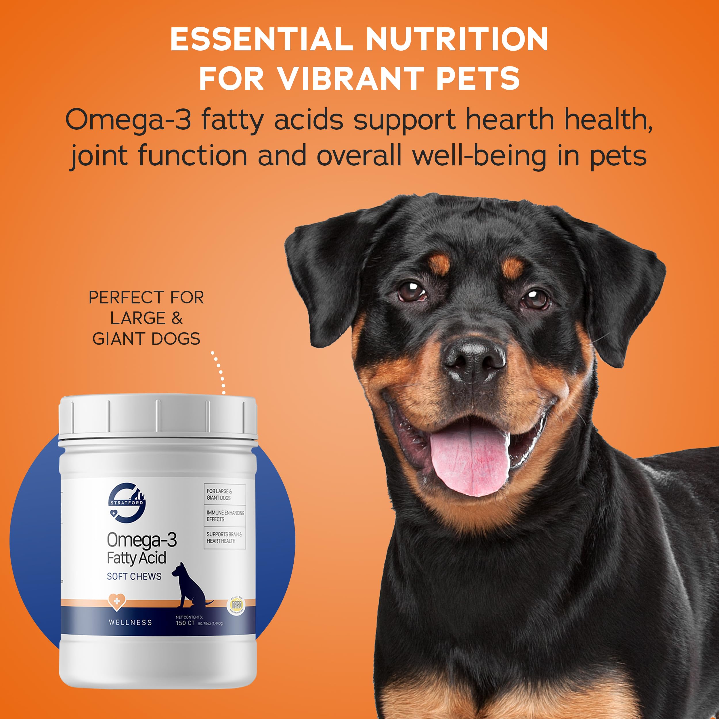 Stratford Pharmaceuticals EZ Chew Omega 3 Fatty Acid Soft Chew Max Strength for Dogs - Fish Oil Supplement for Large & Giant Breeds - 150 Count Delicious Soft Chew Treats - Supports Joint, Skin & Coat Health - Perfect for Daily Nutrition & Training Rewards