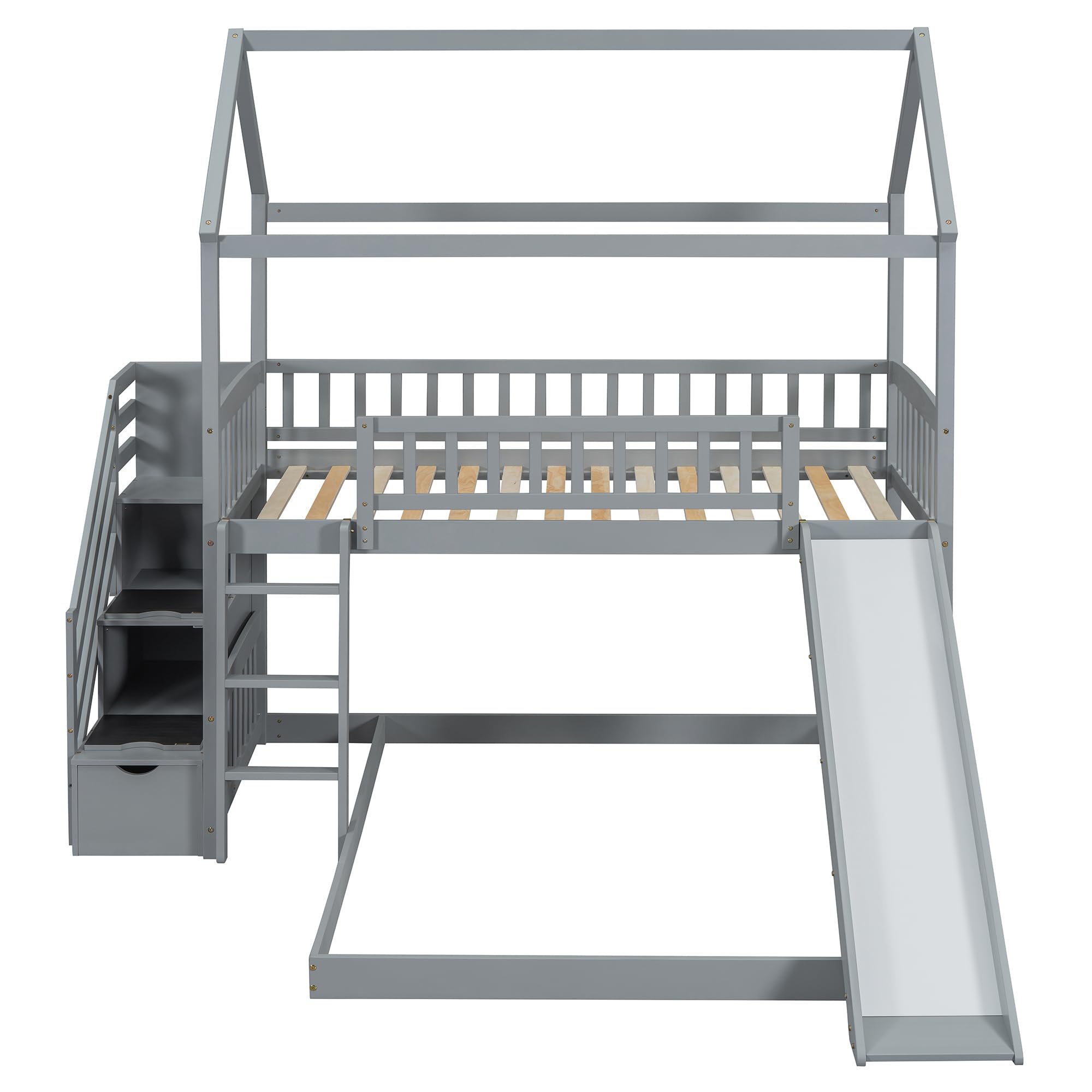 Harper & Bright Designs Twin Over Twin Kids House Shape Bunk Bed with Slide - Solid Wood Bunk Bed Frame with Storage Stairs for Kids & Teens (Grey) | Space-Saving Bedroom Solution for Siblings, Sleepovers & Small Rooms