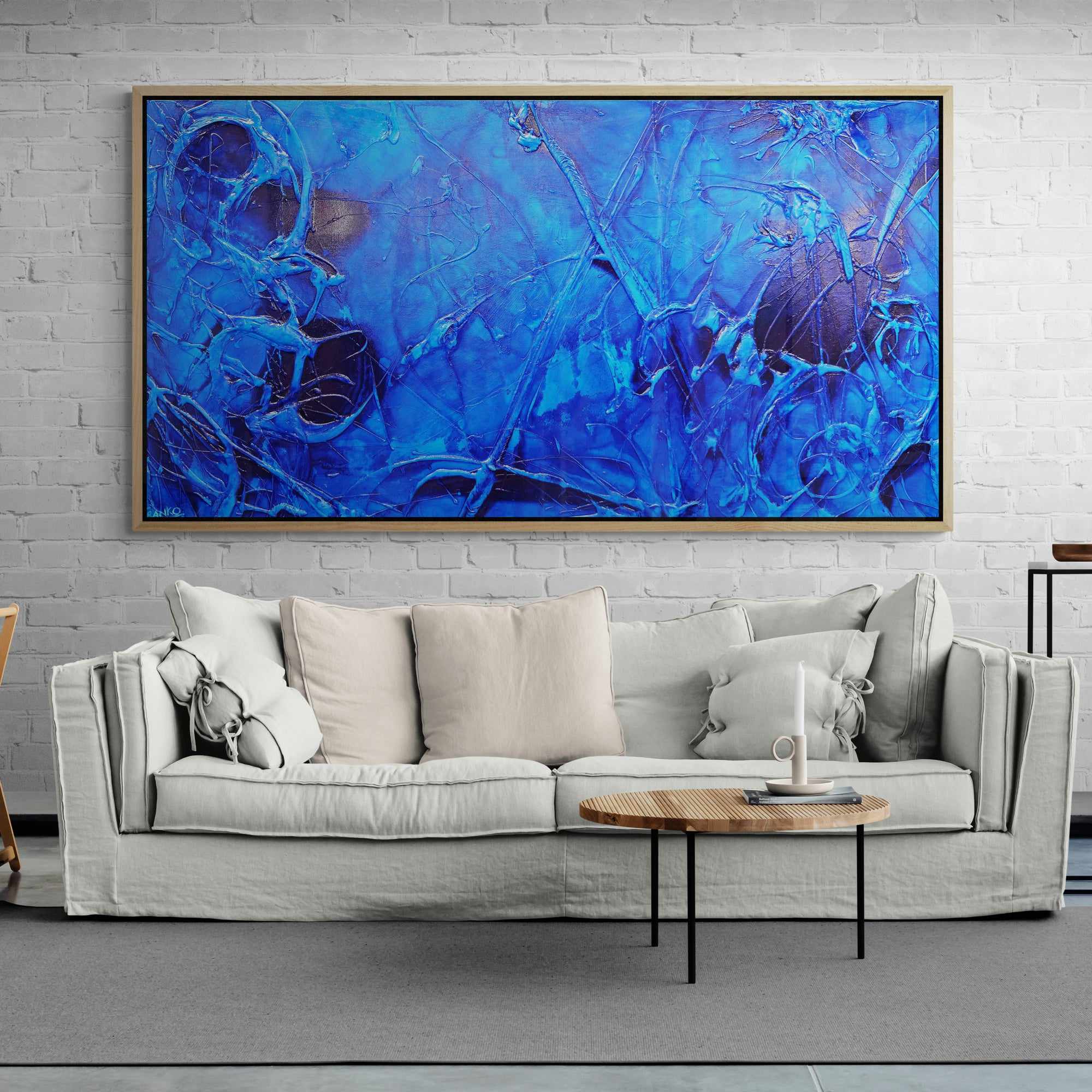 Blue Ink Textured Abstract Painting - Sapphire Icon 190x100cm Canvas Wall Art for Living Room & Bedroom Decor