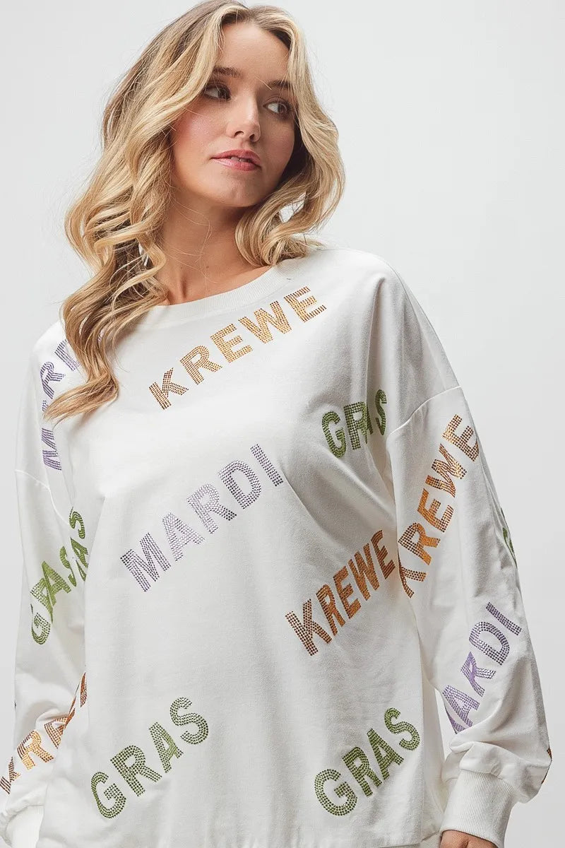 BiBi Rhinestone Mardi Gras Krewe Pullover Sweatshirt - Sparkly Festival Hoodie for Carnival, Costume Parties & Themed Events