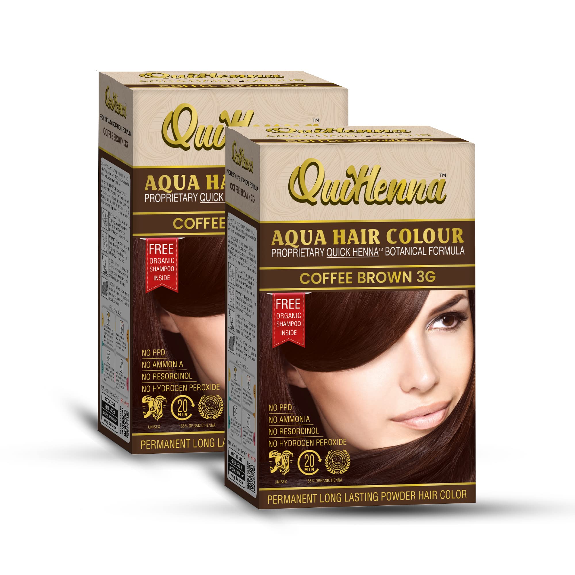 QuikHenna Aqua Powder Hair Color 3G Coffee Brown - Permanent Natural Hair Dye for Men & Women | PPD & Ammonia Free | 110g (Pack of 2) | Safe for Daily Use & Sensitive Scalp | Perfect for Home Hair Coloring & Touch-Ups